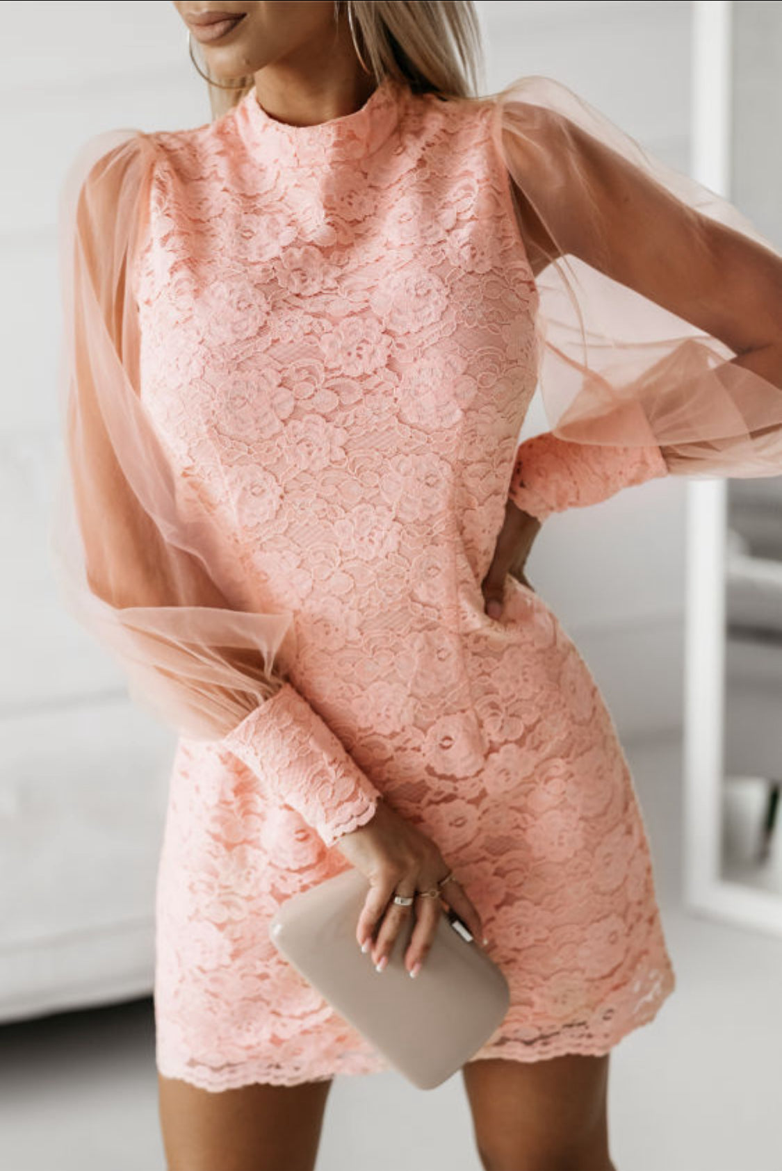 light peach lace dress Light Peach Long Sleeve Gown with Tulle Overskirt
