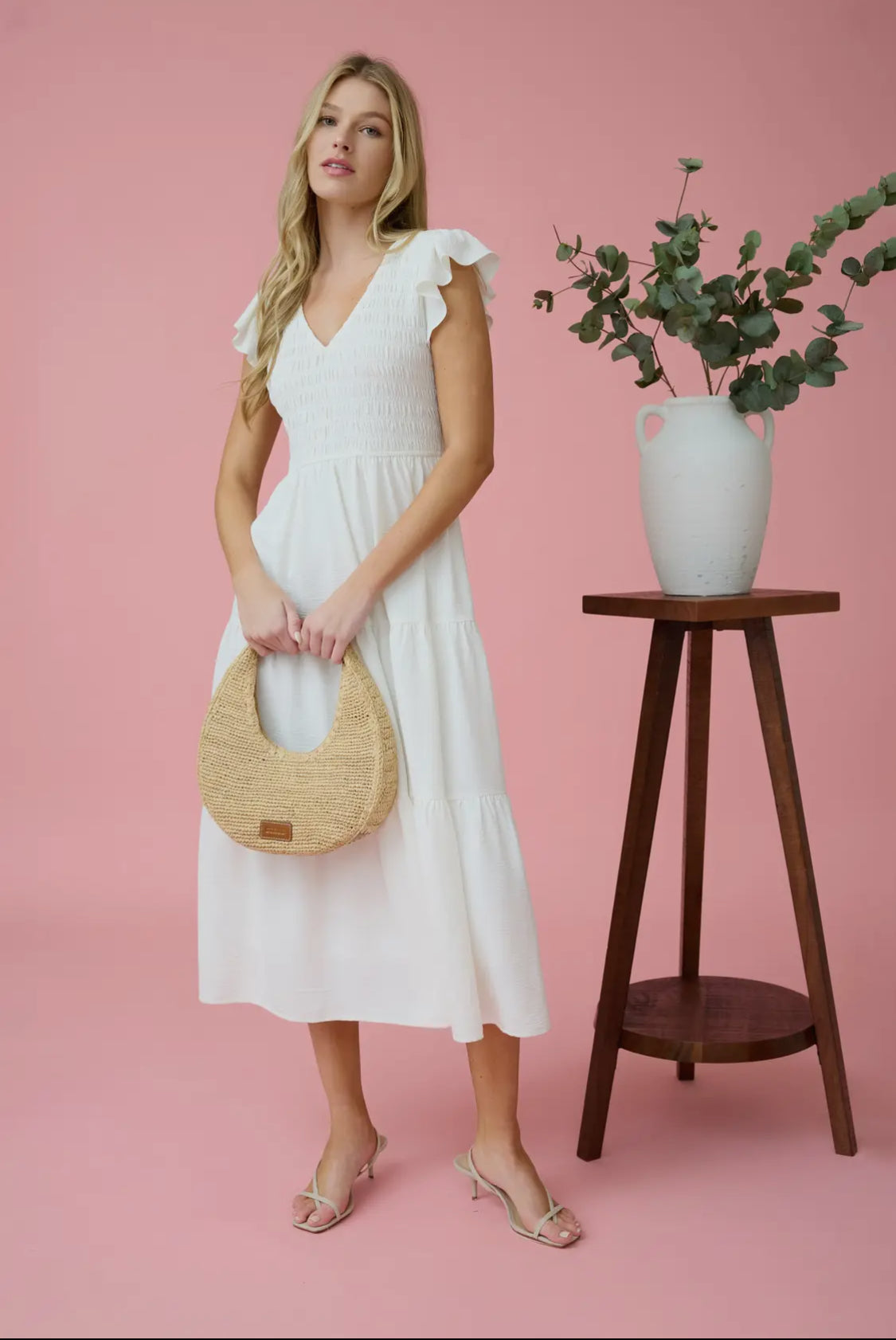White smocking midi dress