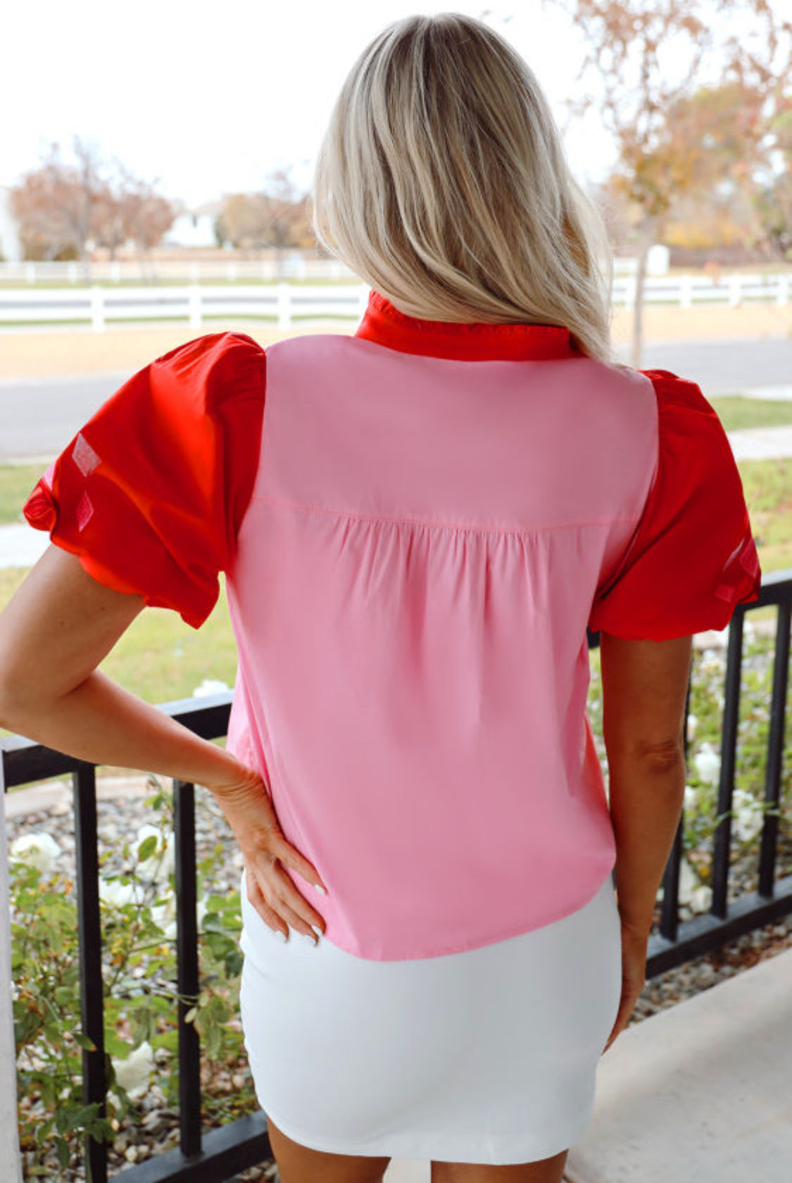 Red sleeve pink top