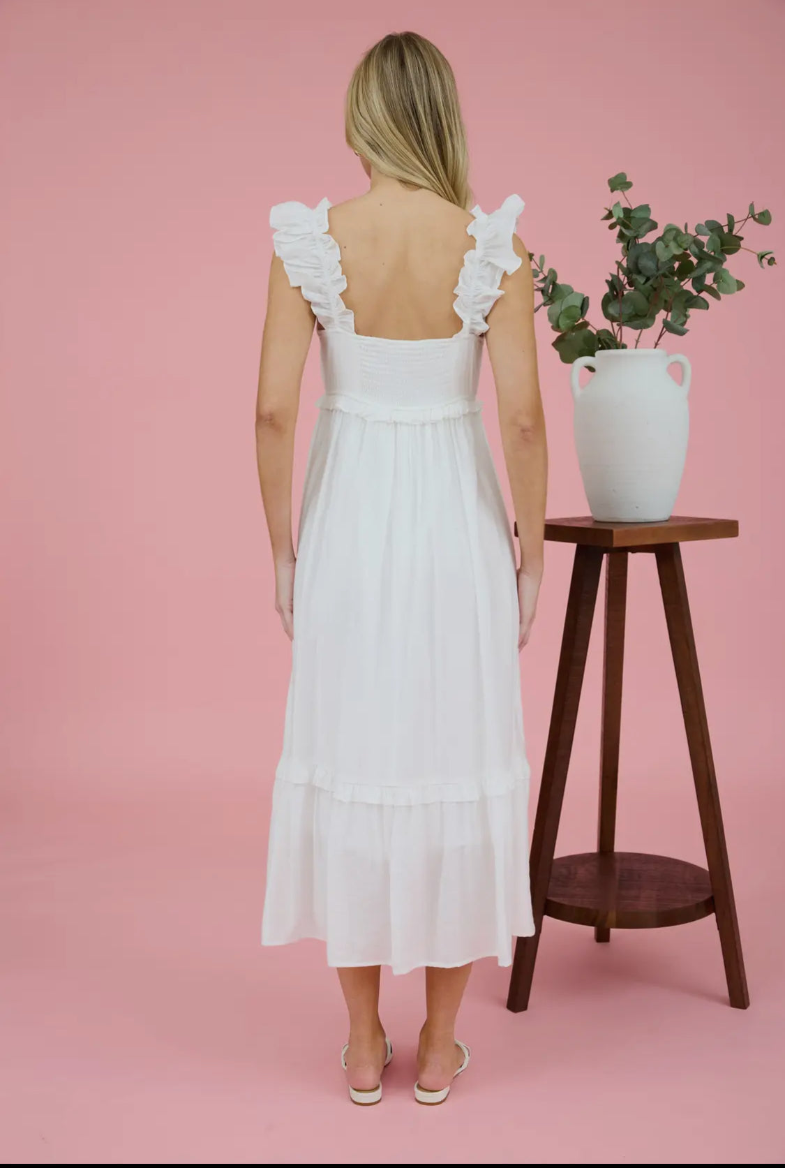 White ruffle sleeve midi dress