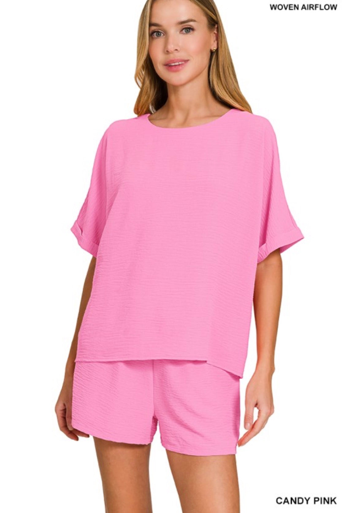 Woven airflow top & shorts set (candy pink)