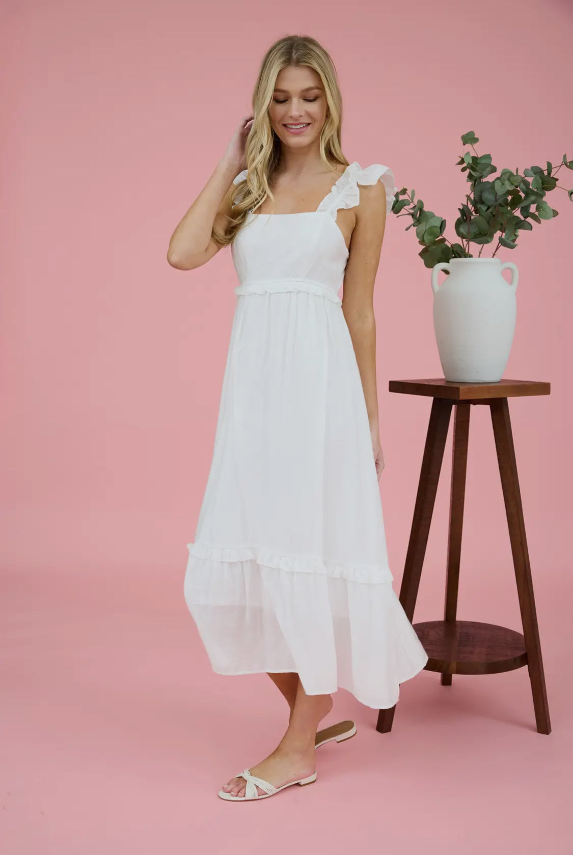 knee length dresses for ladies Cream Ruffle Midi Dress | Trendy Women's Dresses main image 0