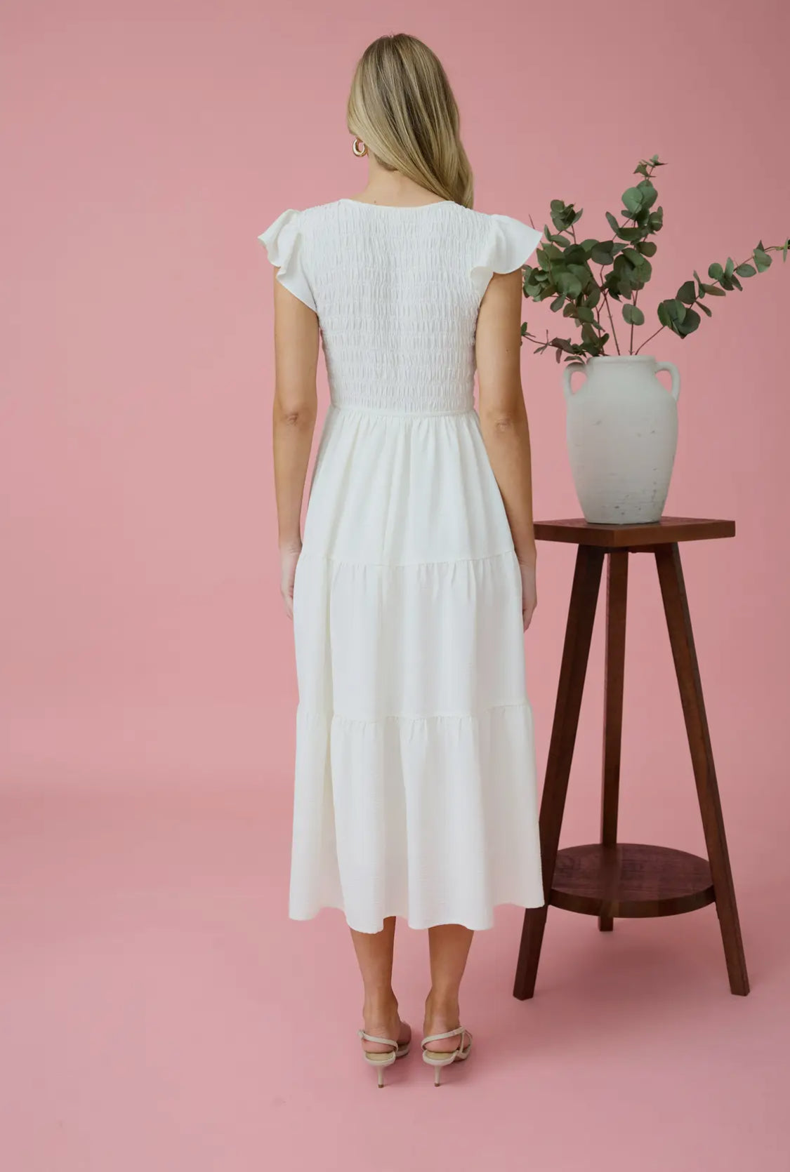 White smocking midi dress