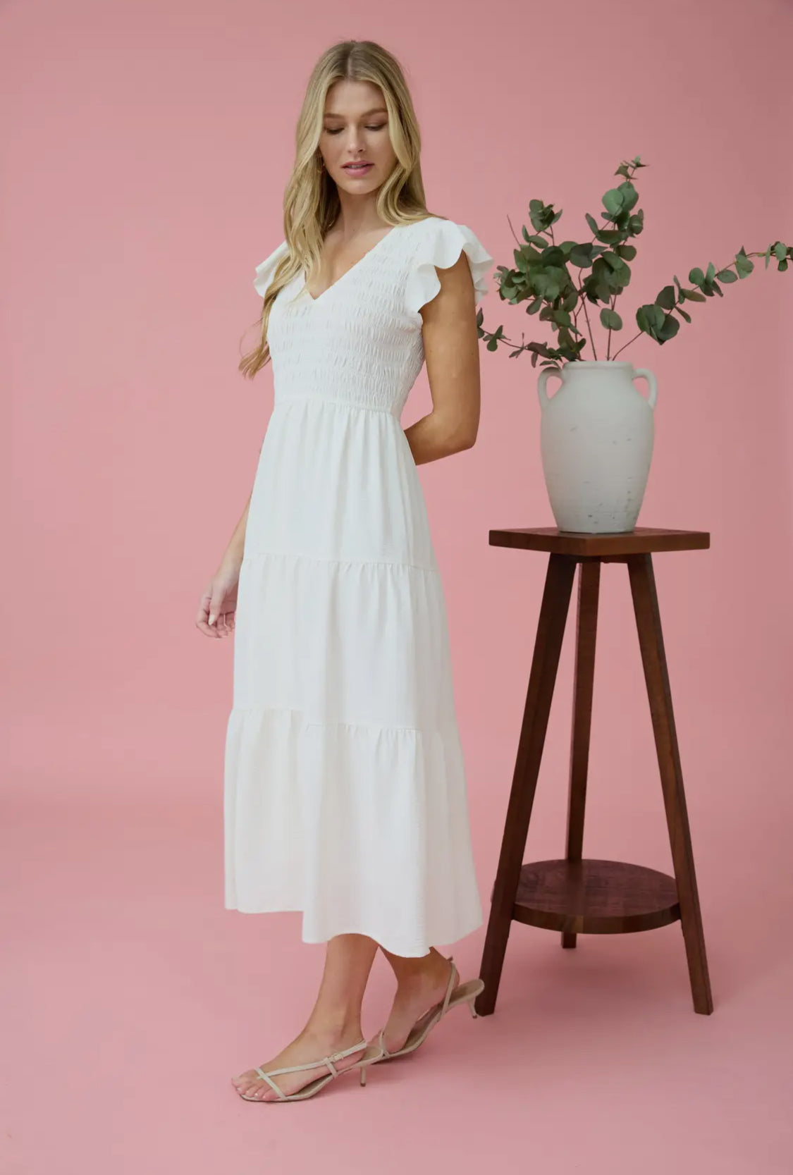 White smocking midi dress