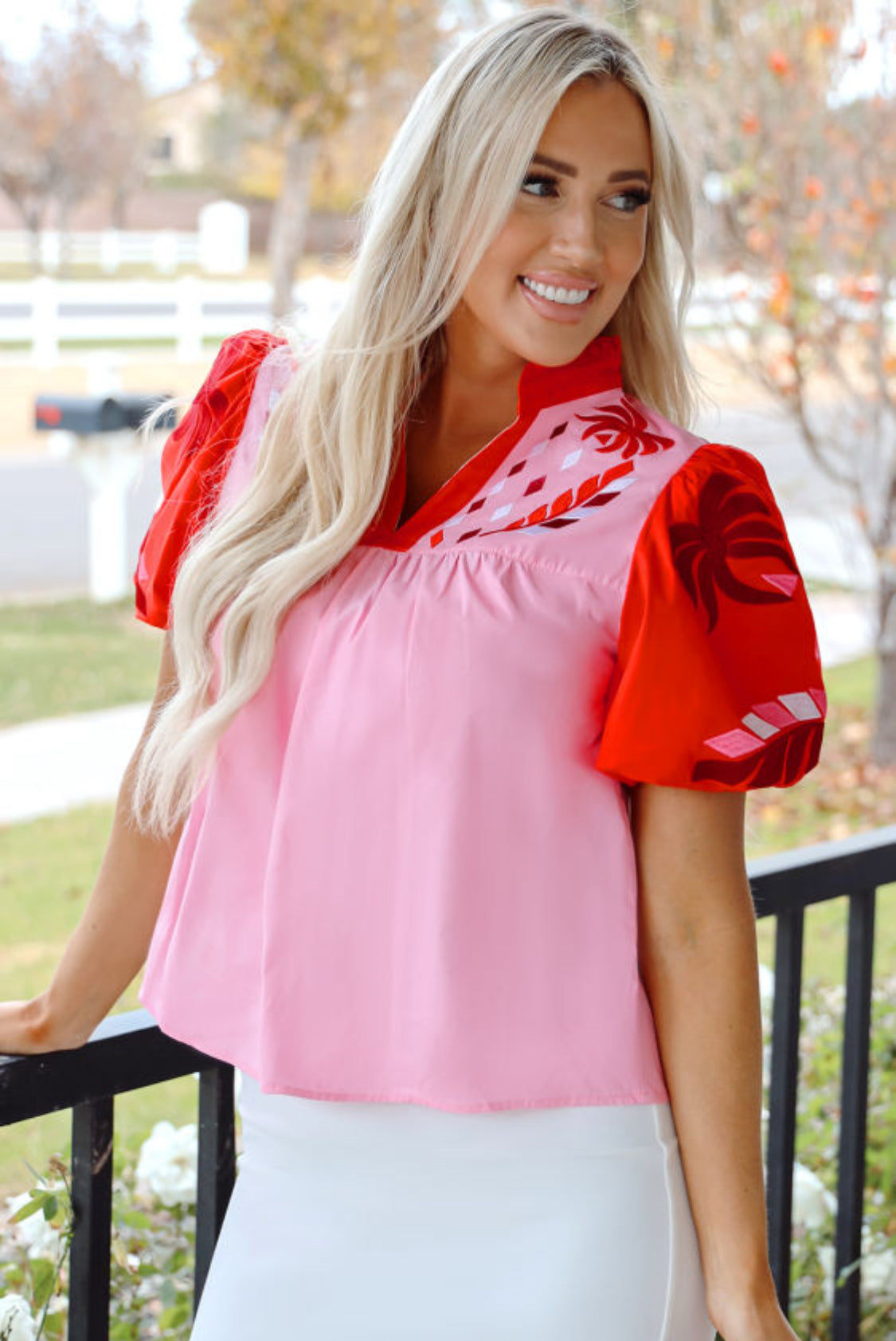 Red sleeve pink top