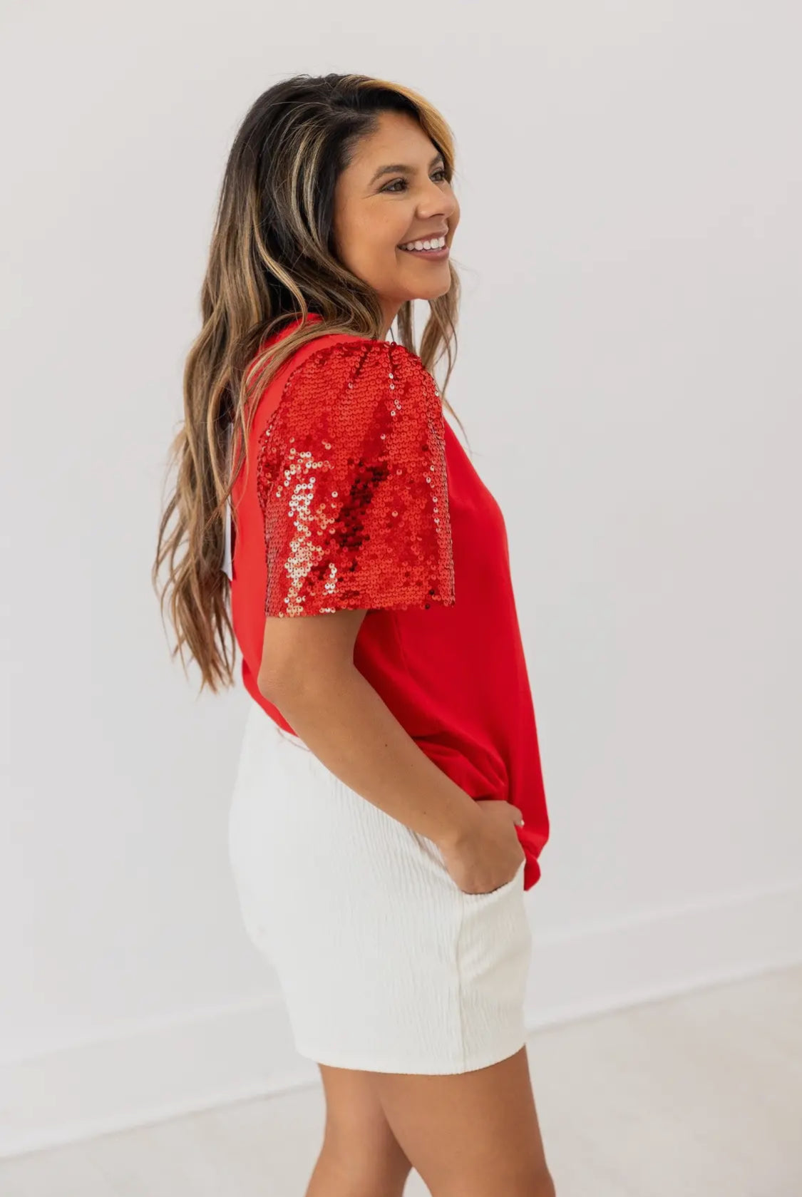 Red sequin sleeve top