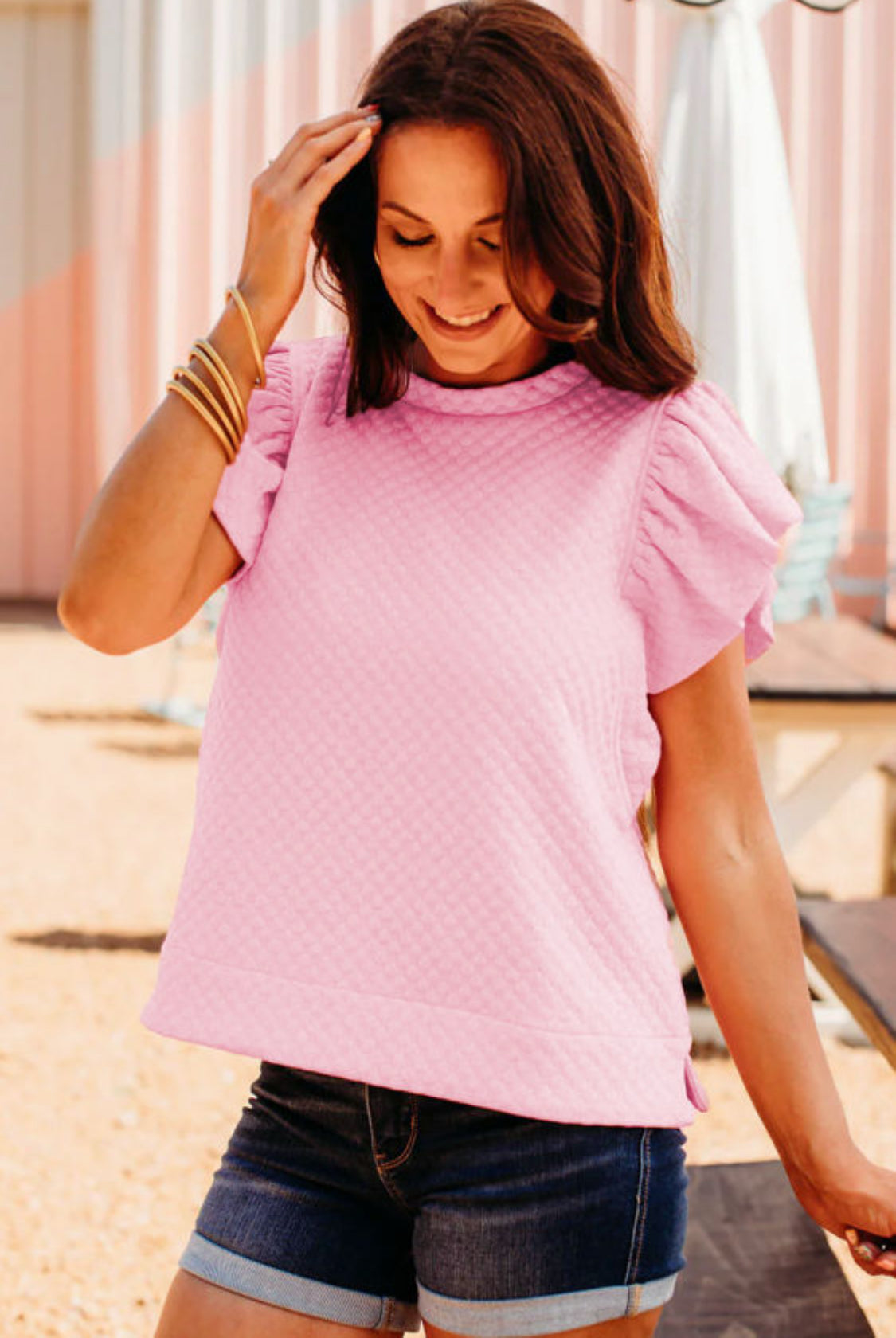 Pink textured ruffled sleeve top