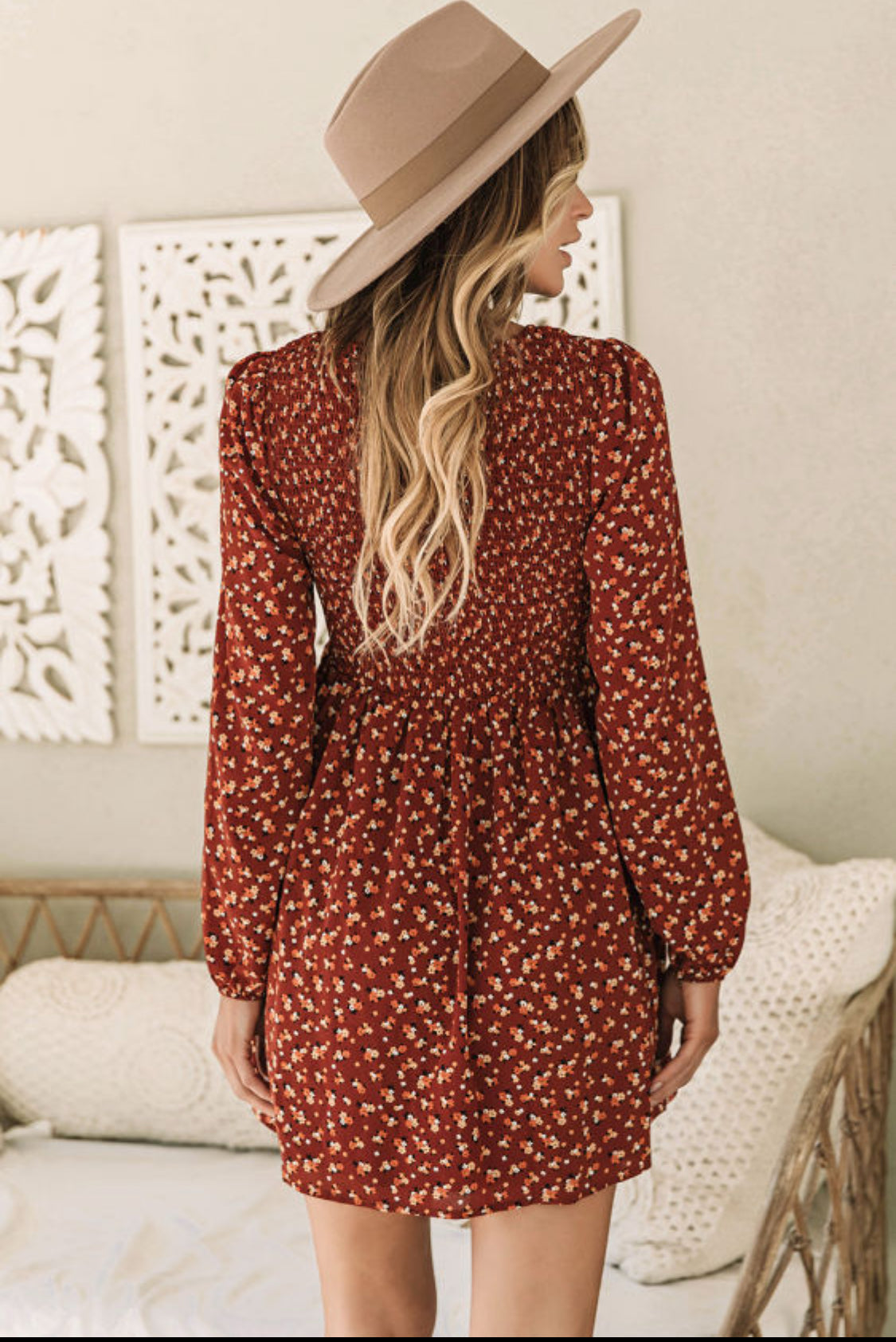 Brown floral smocked dress