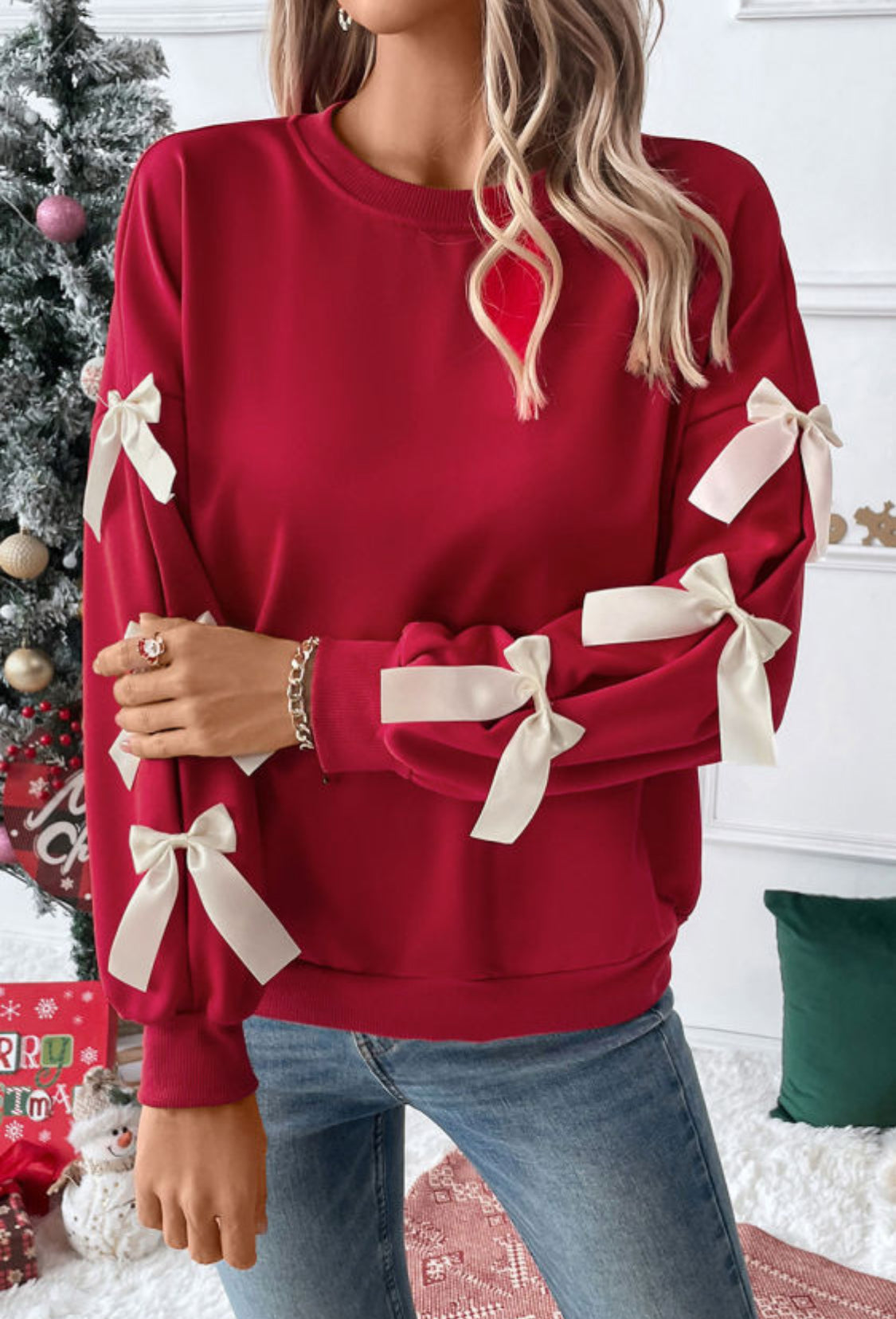 Red sweatshirt with bows