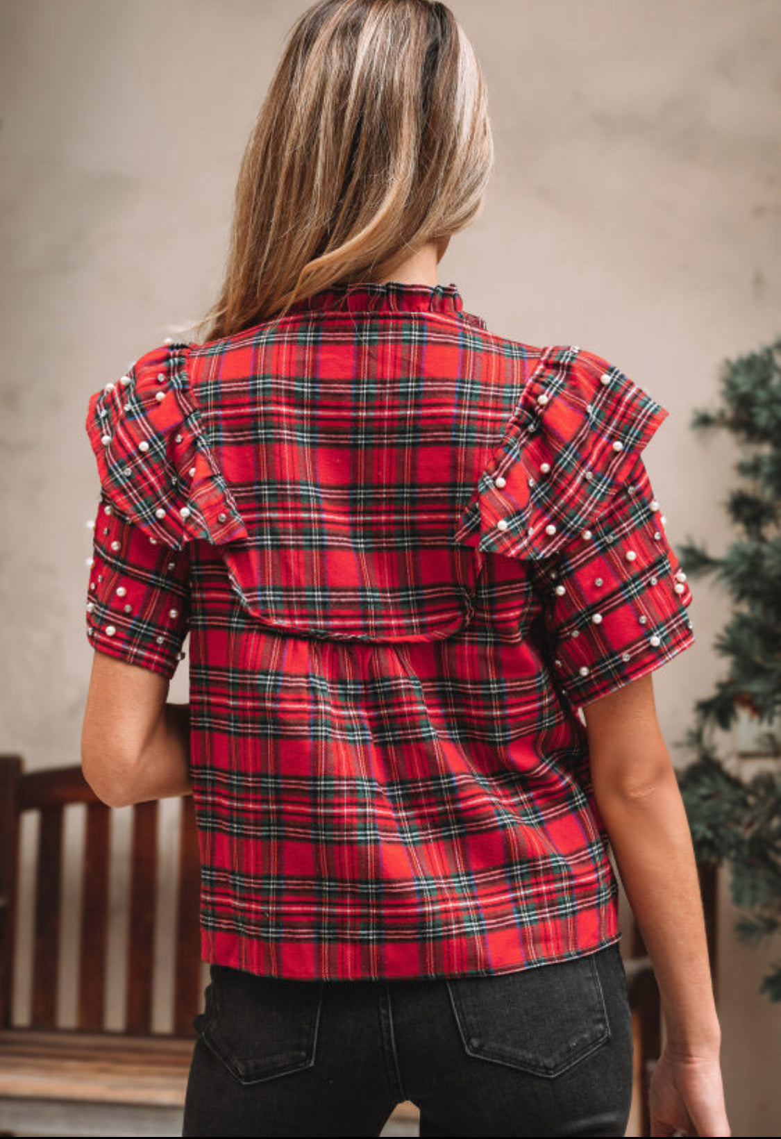 Red plaid pearl ruffle sleeve top