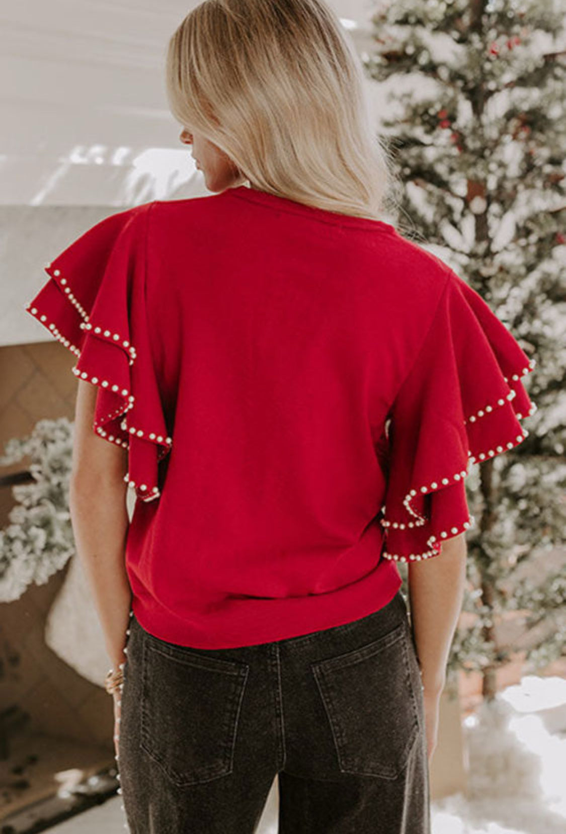 Red pearls ruffle sleeve sweater