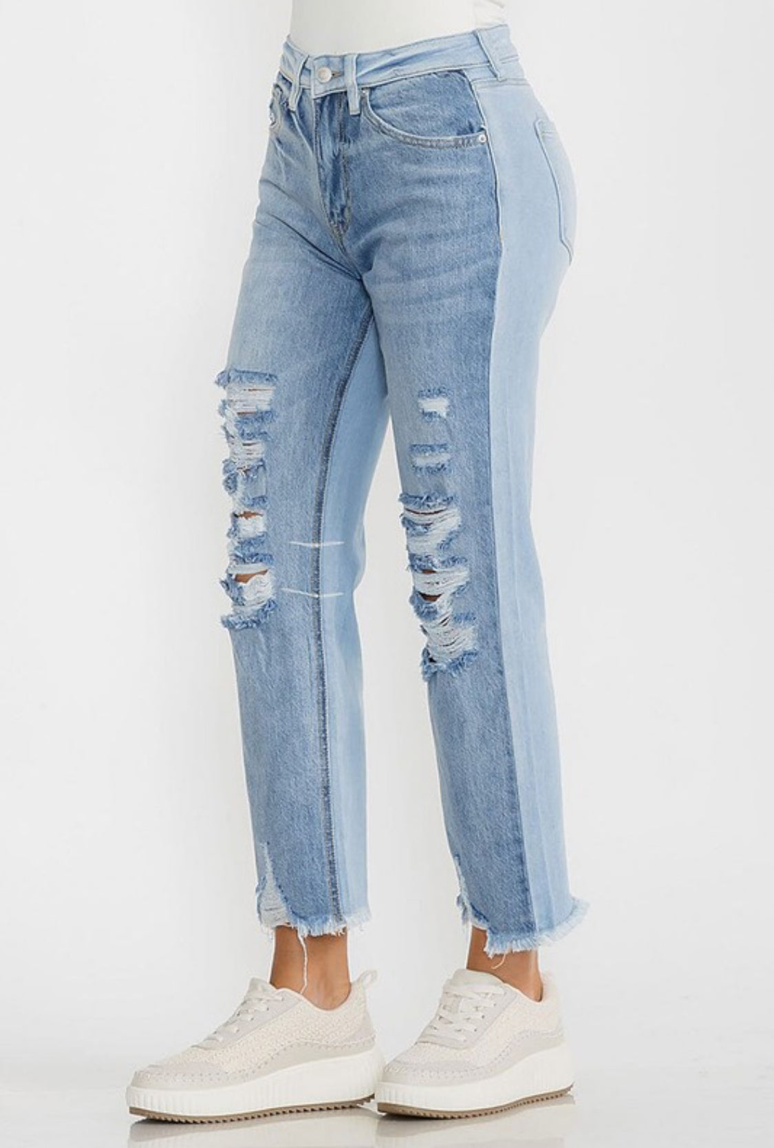 DISTRESS DENIM ZIPPER FRONT PANTS WITH POCKET