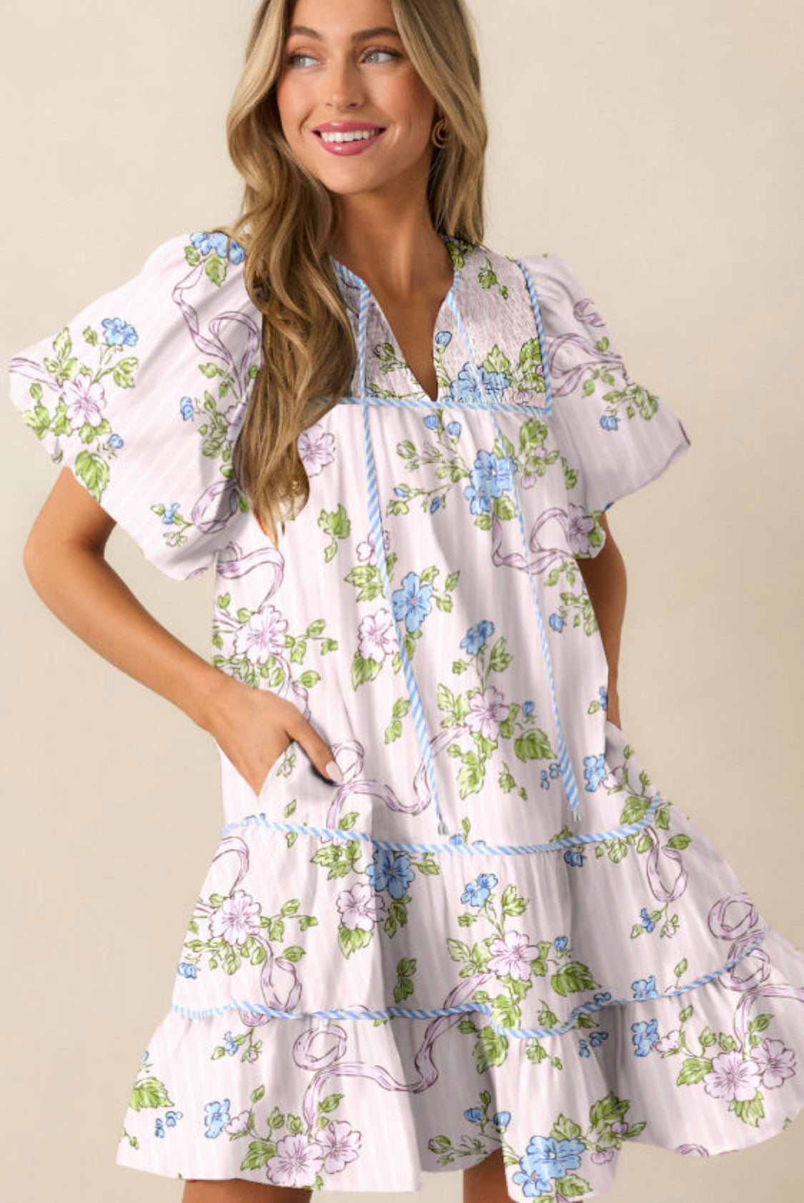 Pink/blue floral mini dress