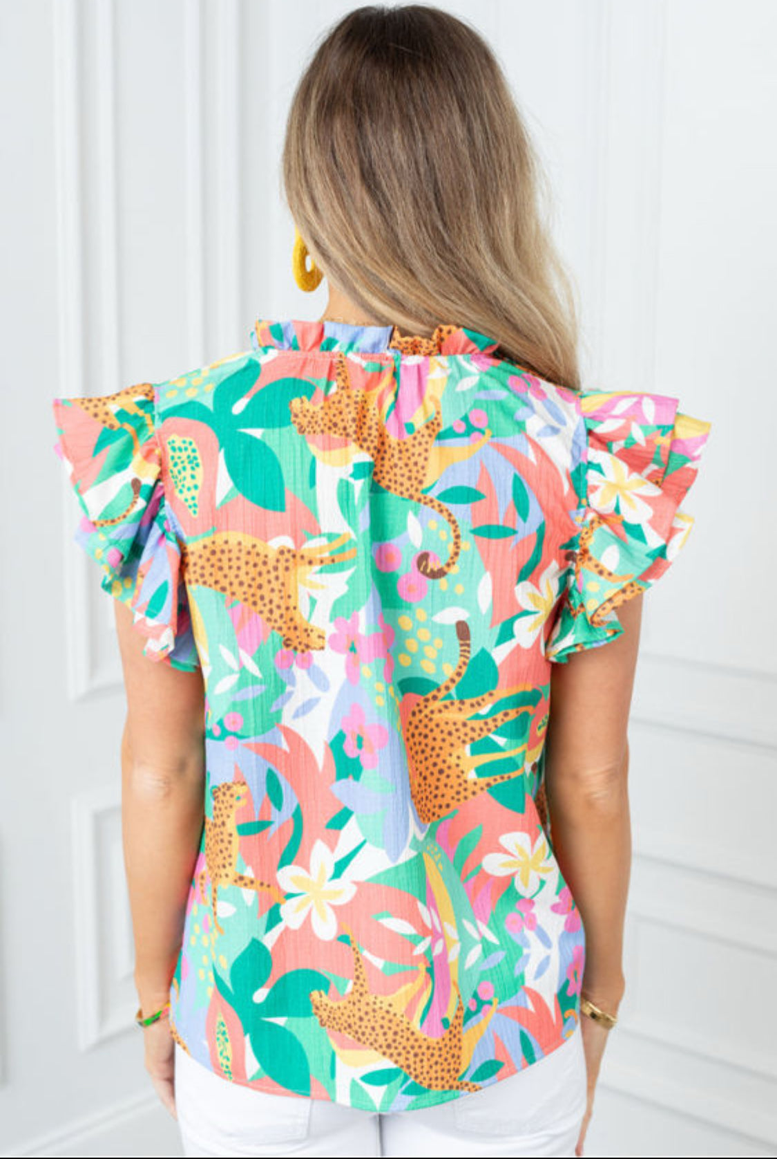 Green frilly ruffle floral blouse