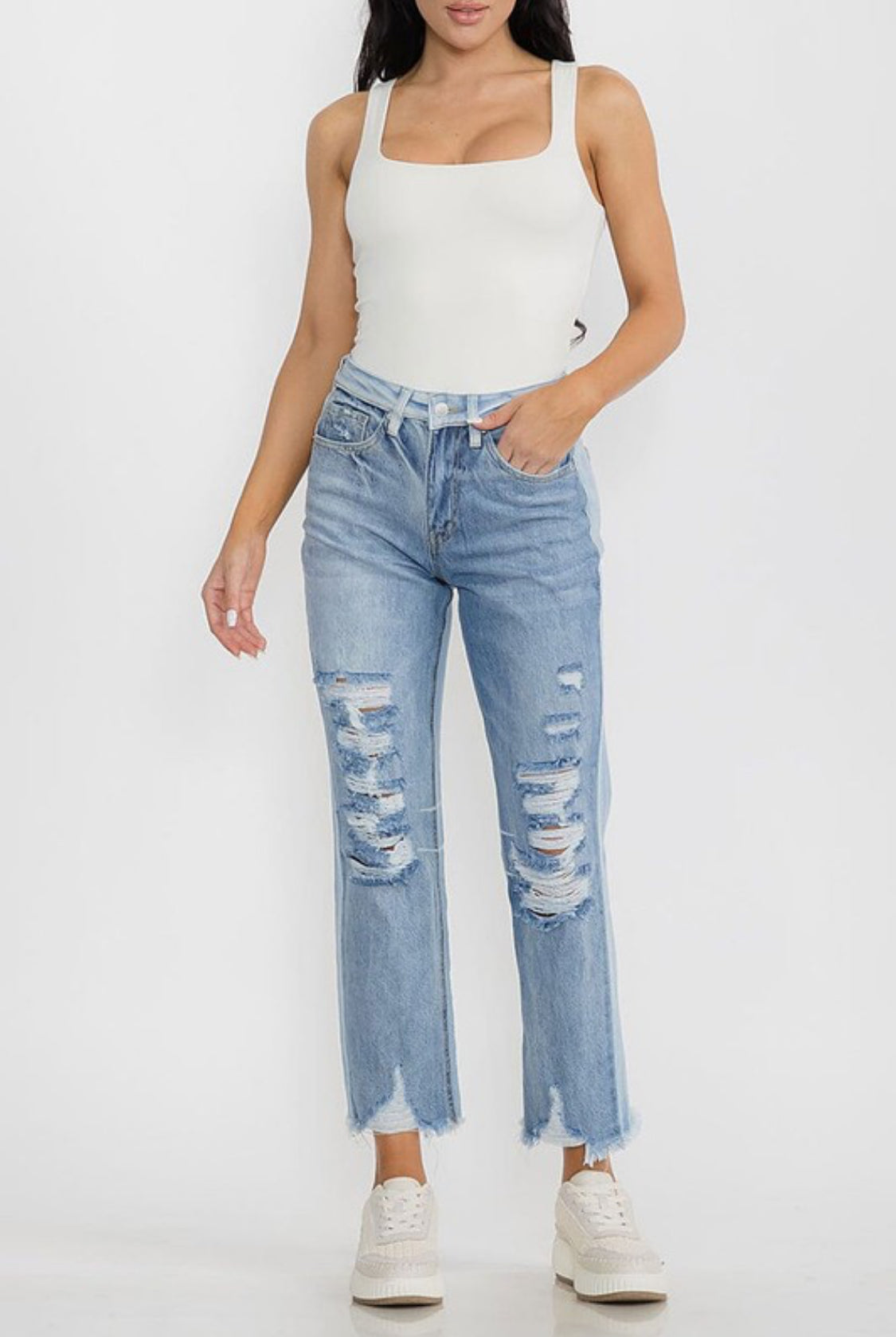 DISTRESS DENIM ZIPPER FRONT PANTS WITH POCKET