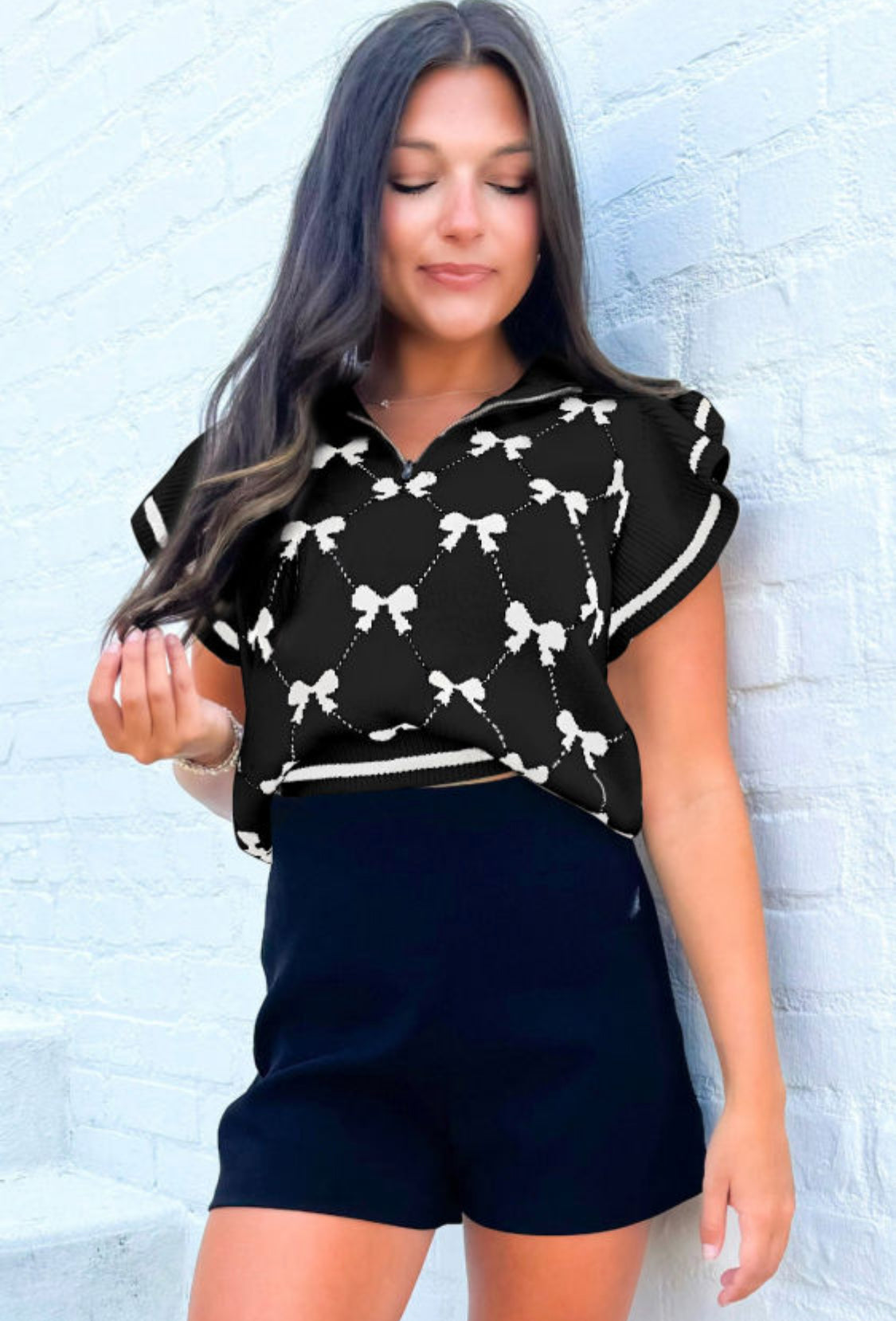 Black preppy vibes bows print sweater