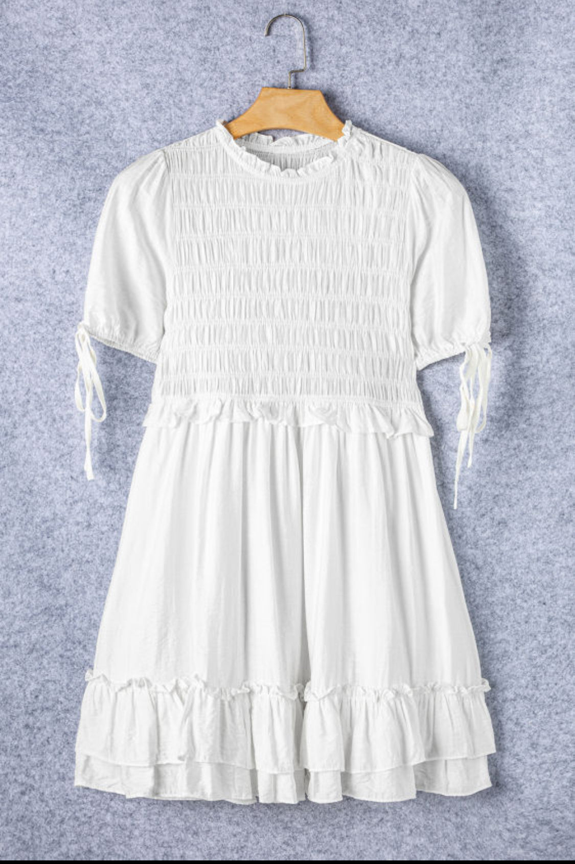 White smocked ruffle dress