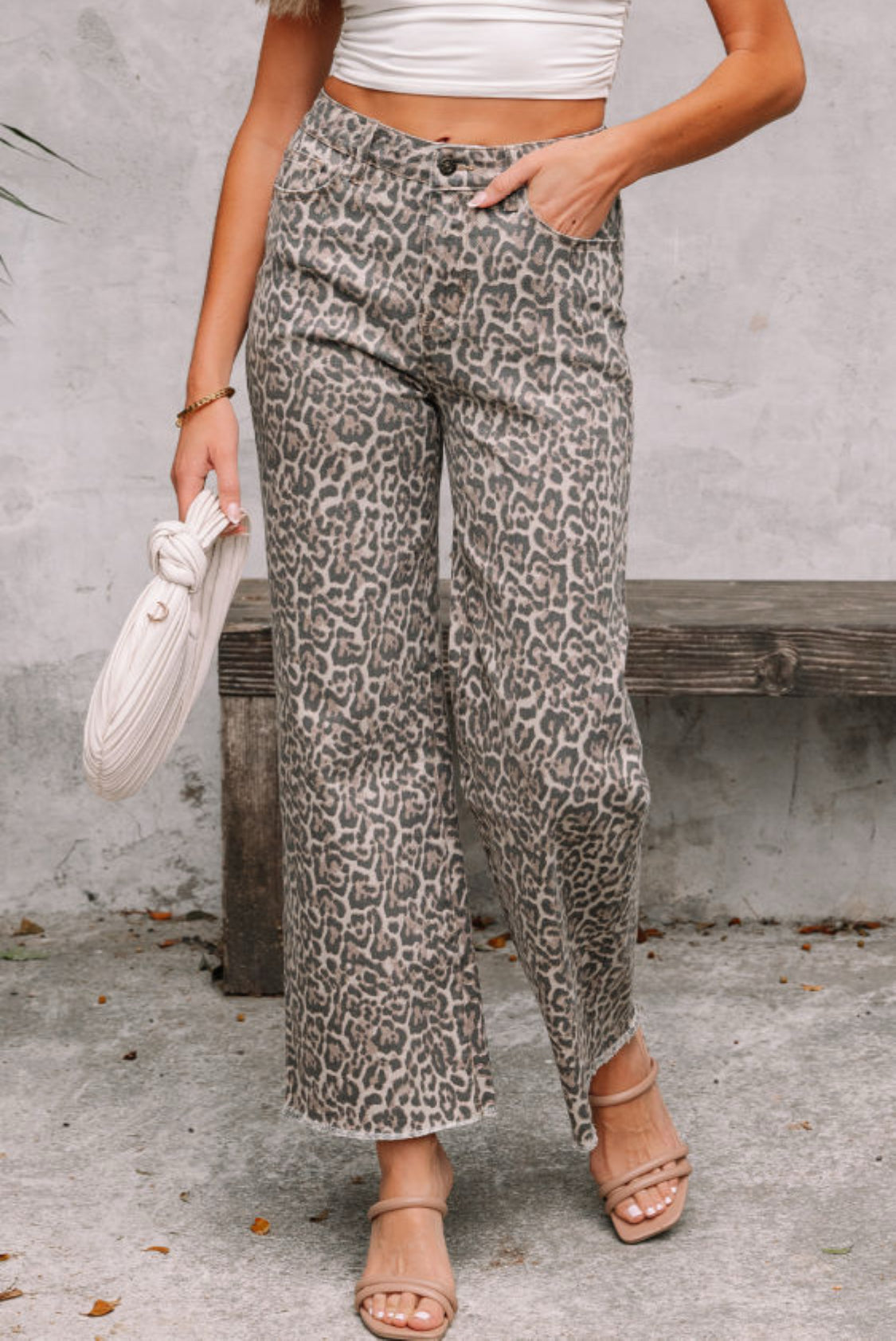 Leopard print wide leg high waist jeans