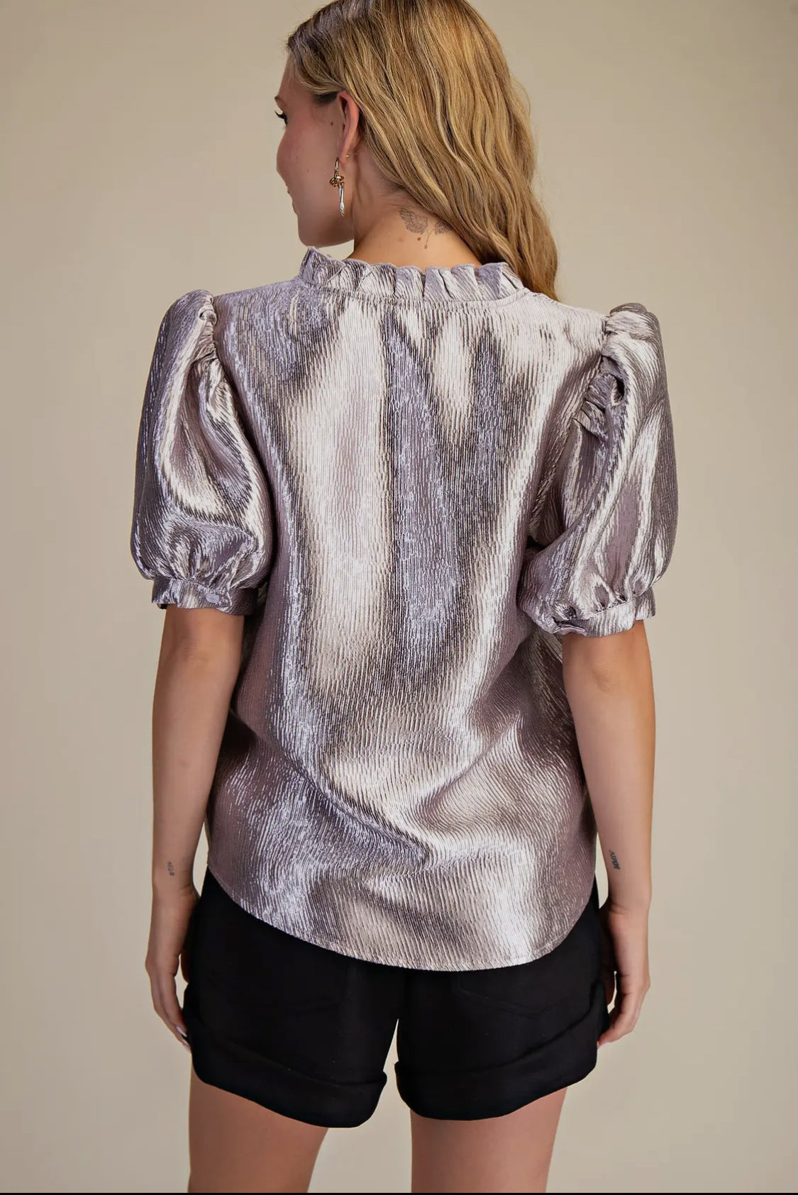 Silver metallic puff sleeve top
