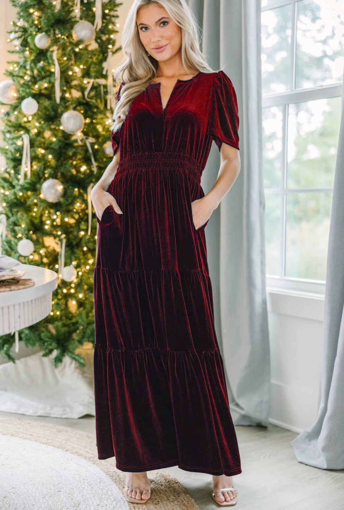 Red velvet maxi dress