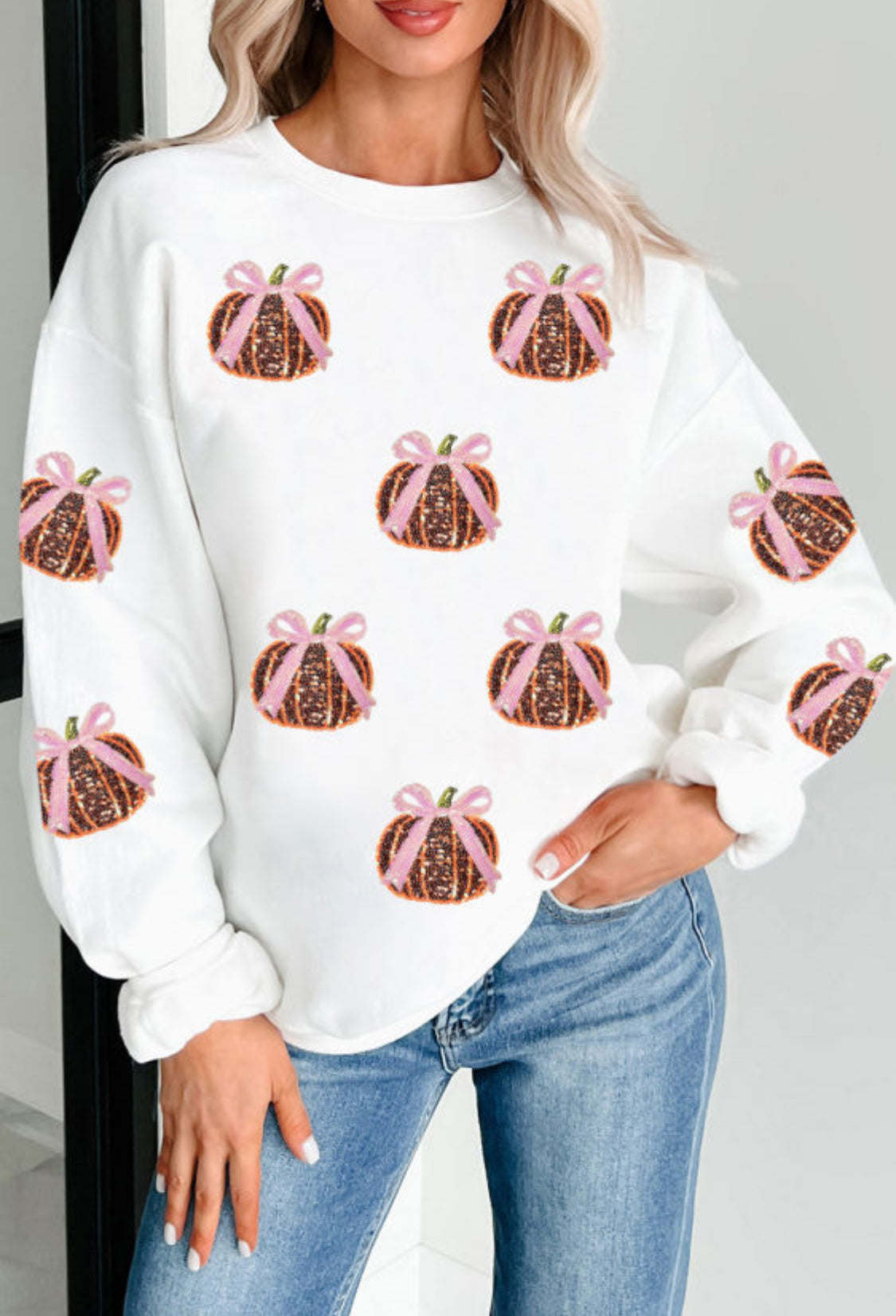 Sequin bow pumpkin sweatshirt