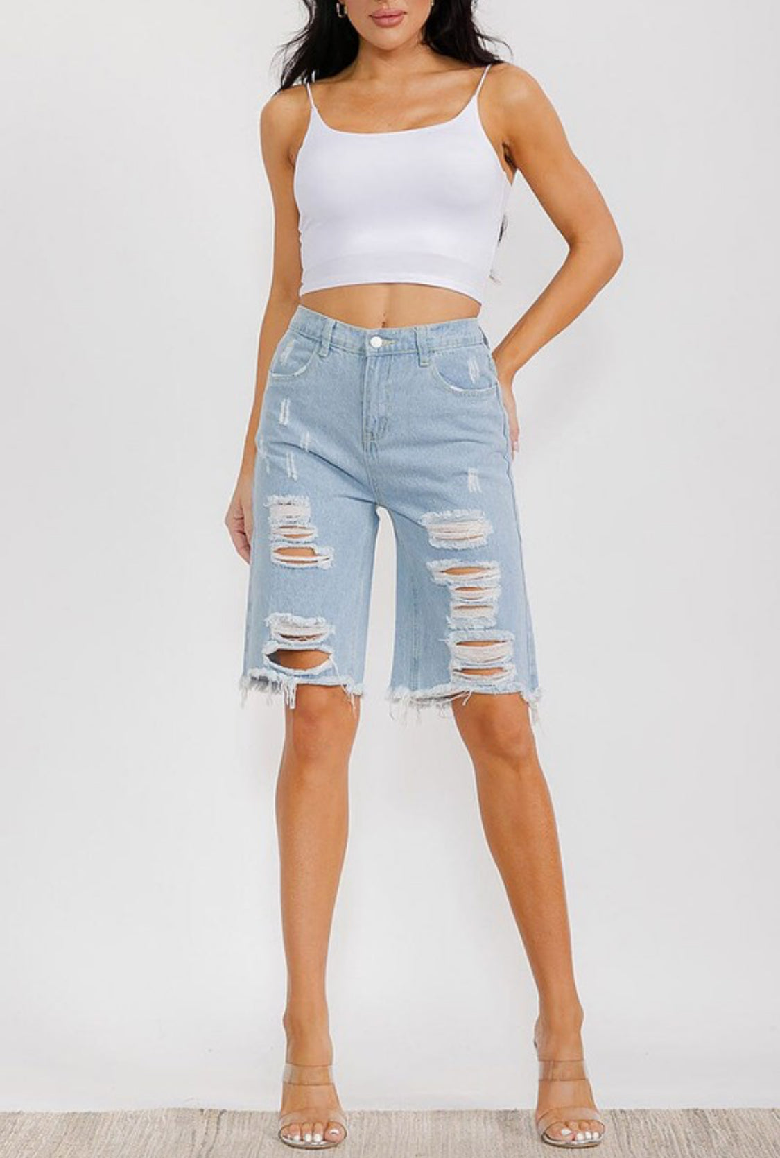 BUTTON CLOSURE POCKETS DISTRESS DENIM
SHORTS