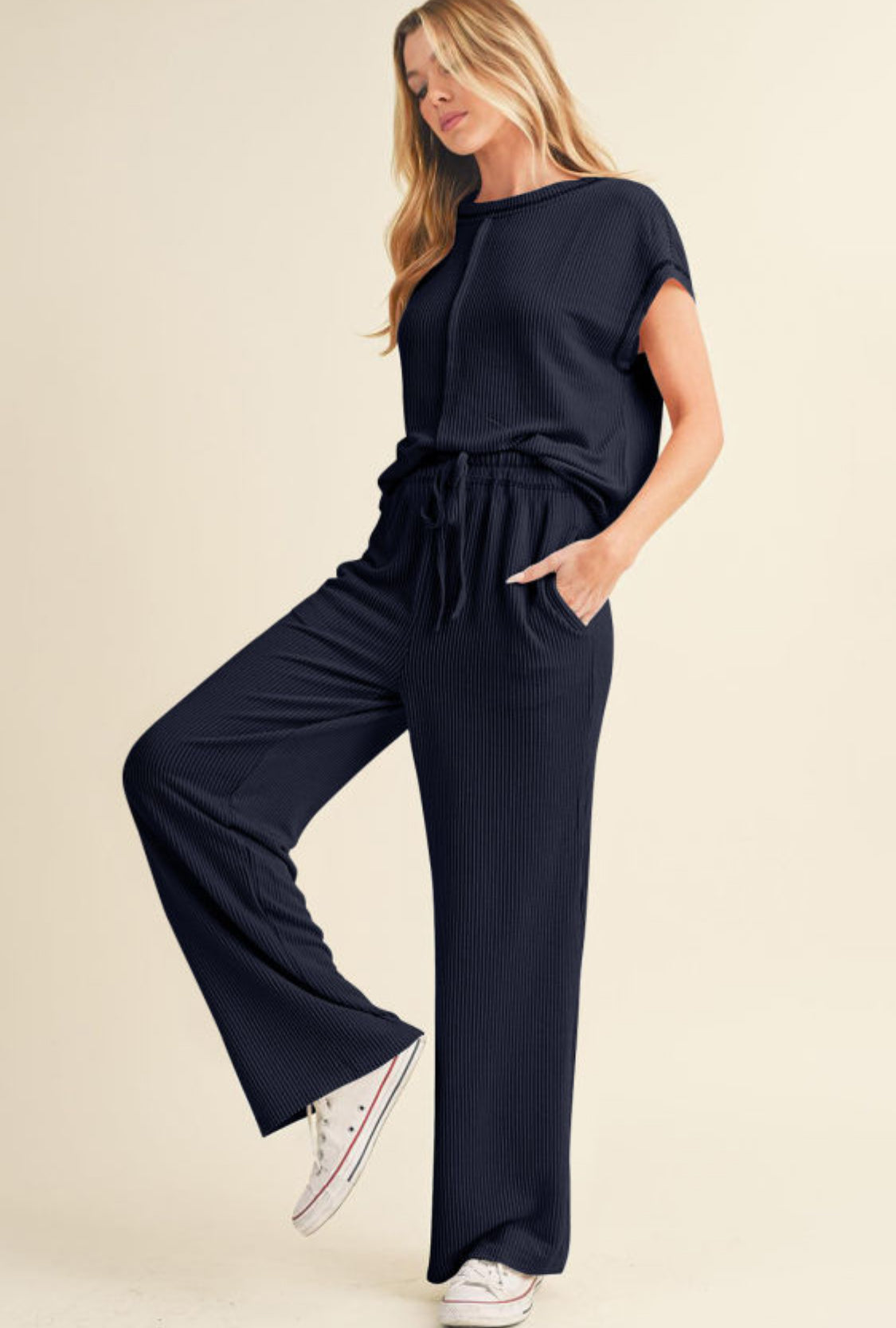 Navy blue corded casual pant set