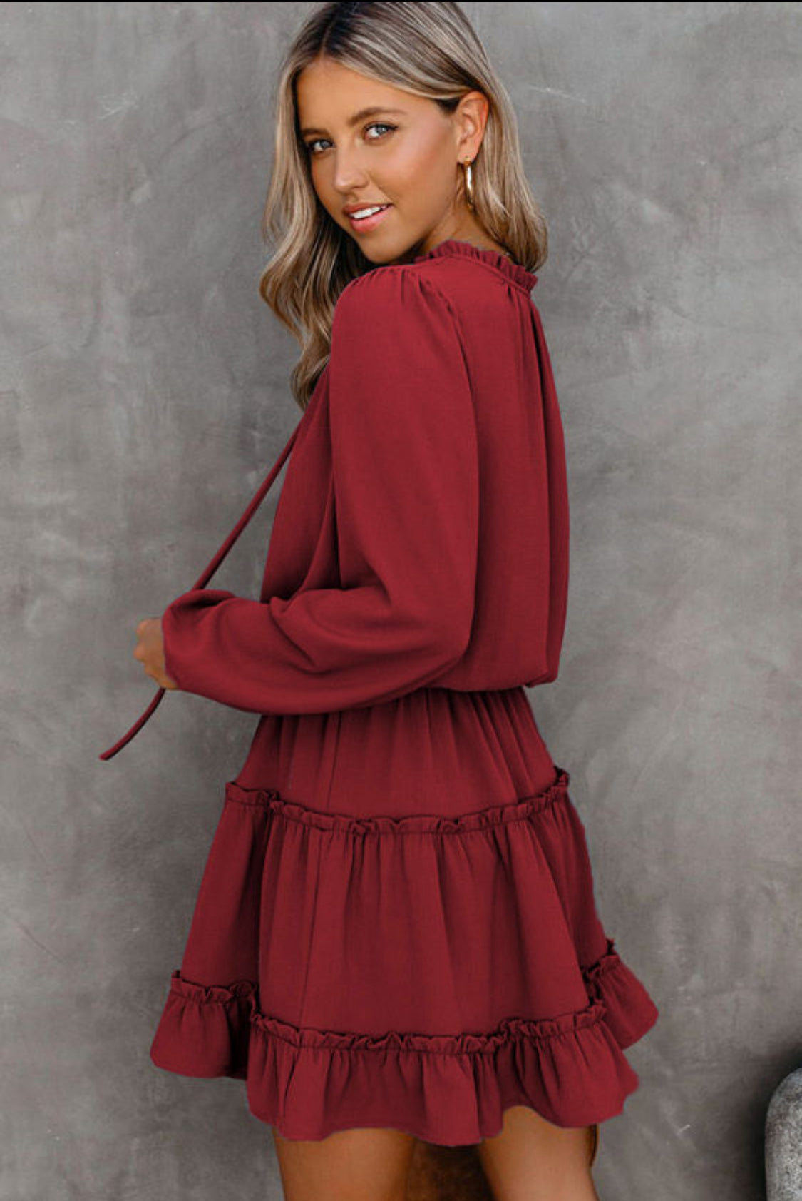 Wine ruffle mini dress