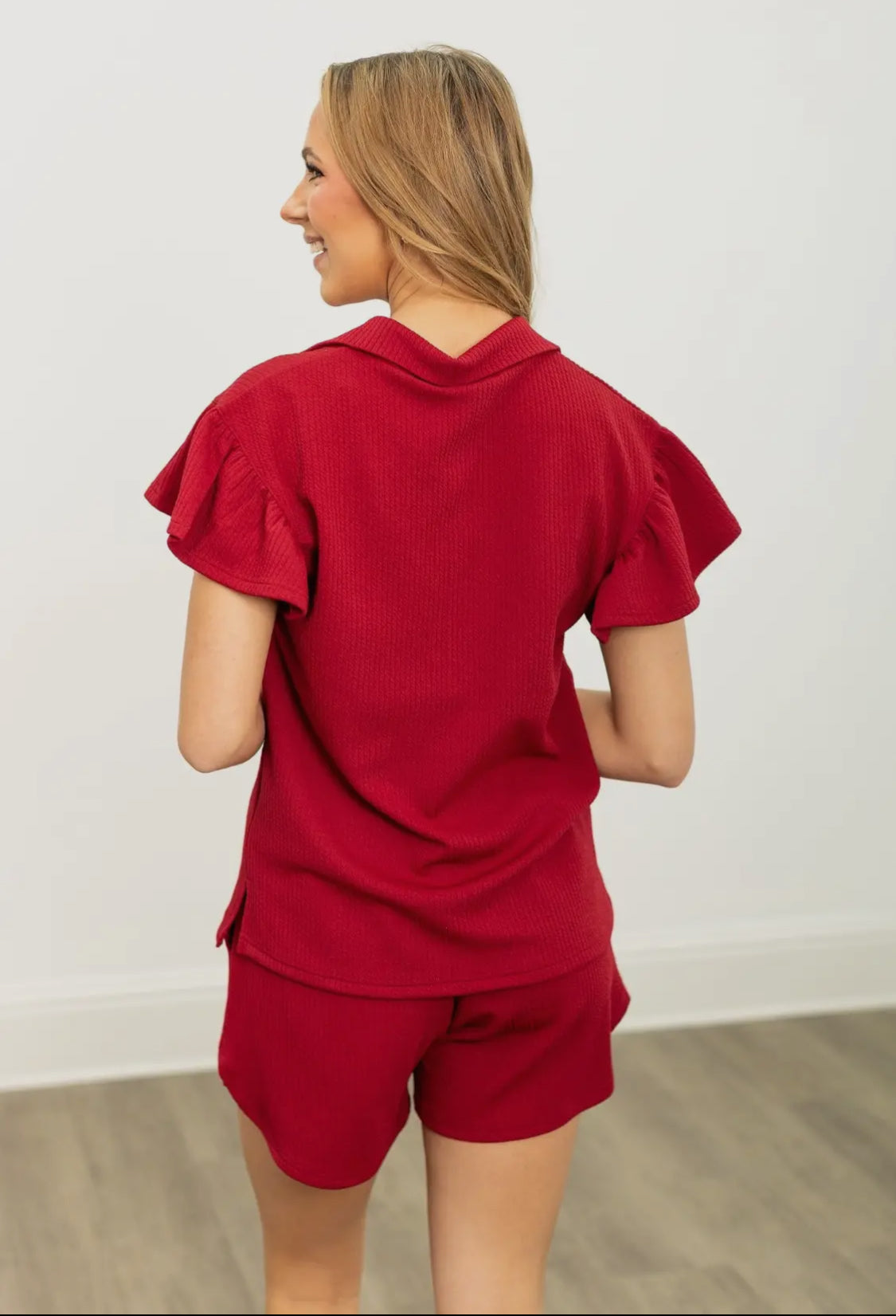 Maroon top with flutter sleeve