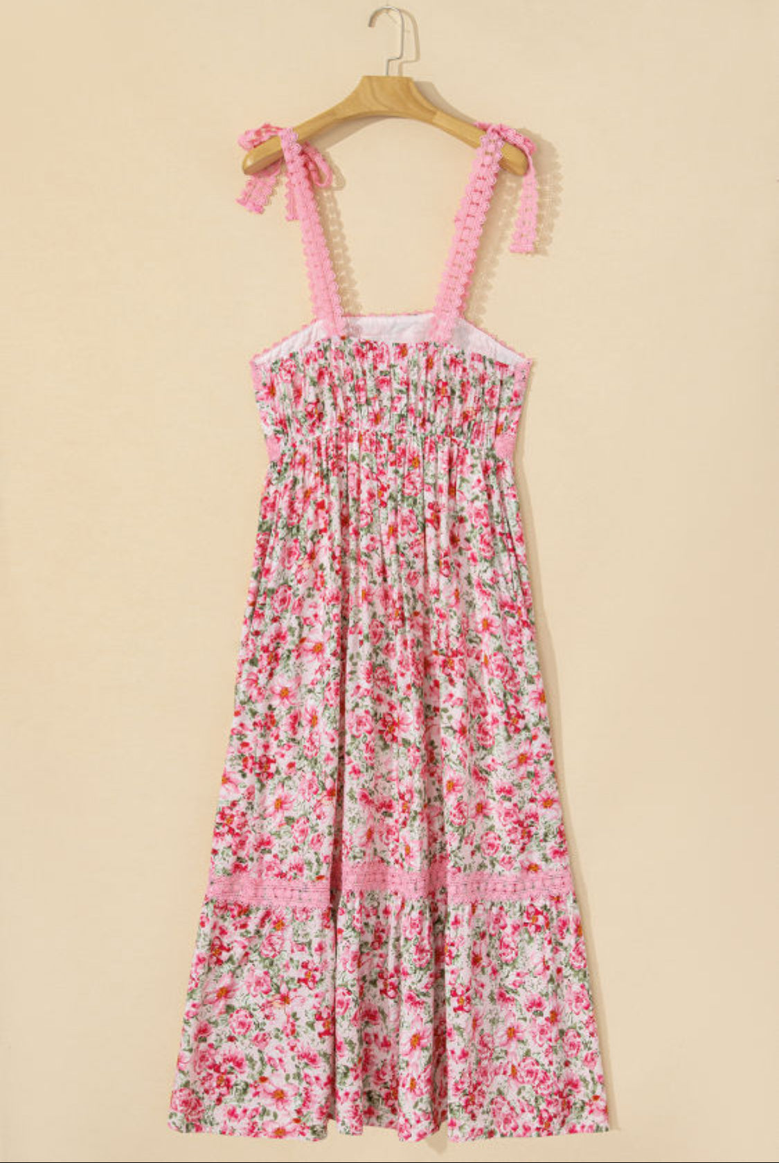 Pink floral lace tied strap maxi dress
