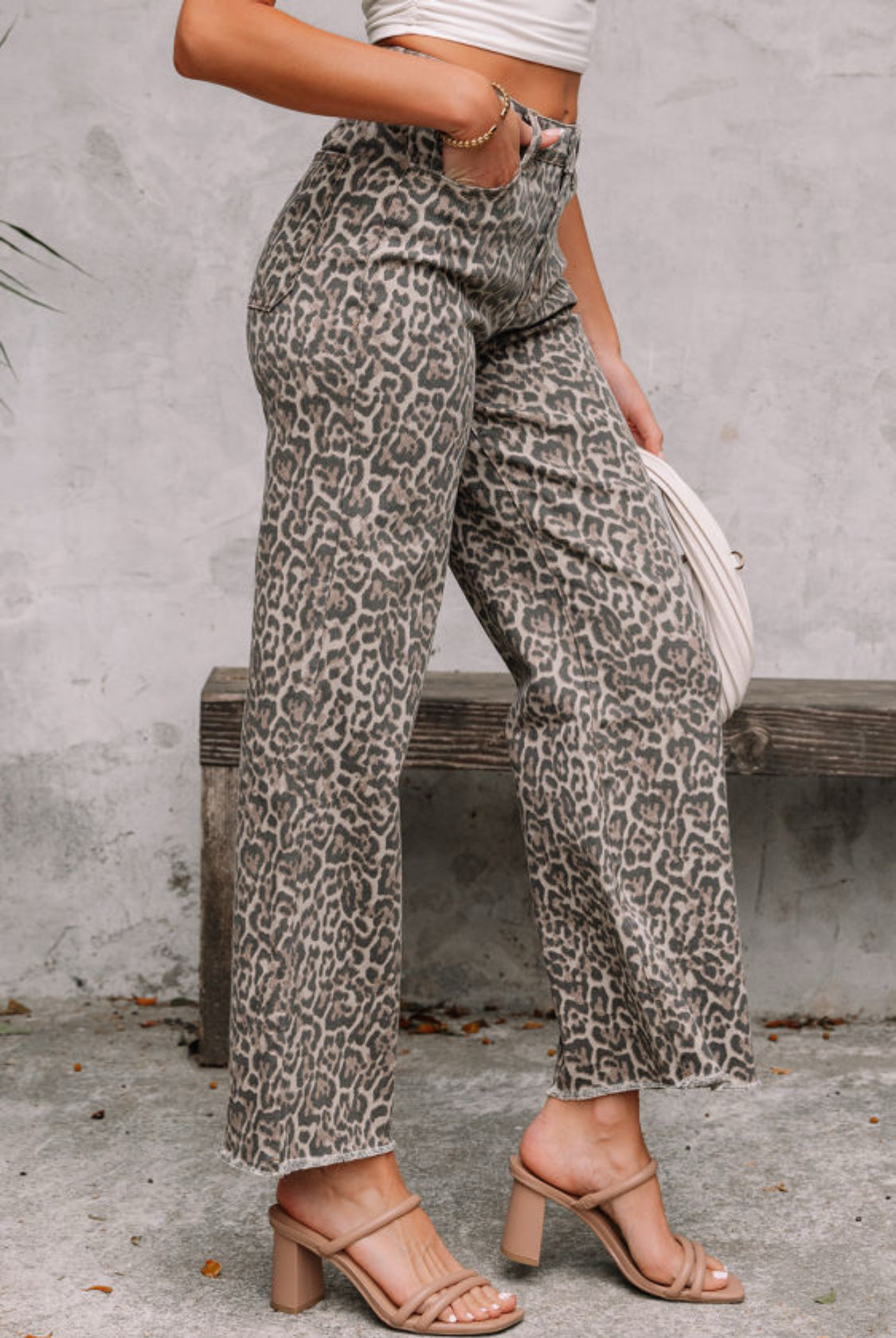 Leopard print wide leg high waist jeans