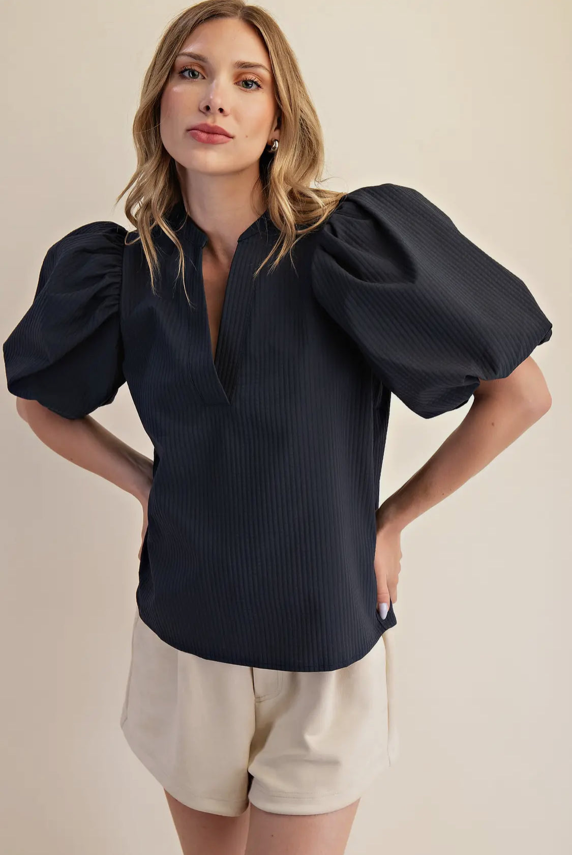Navy blue puff sleeve top