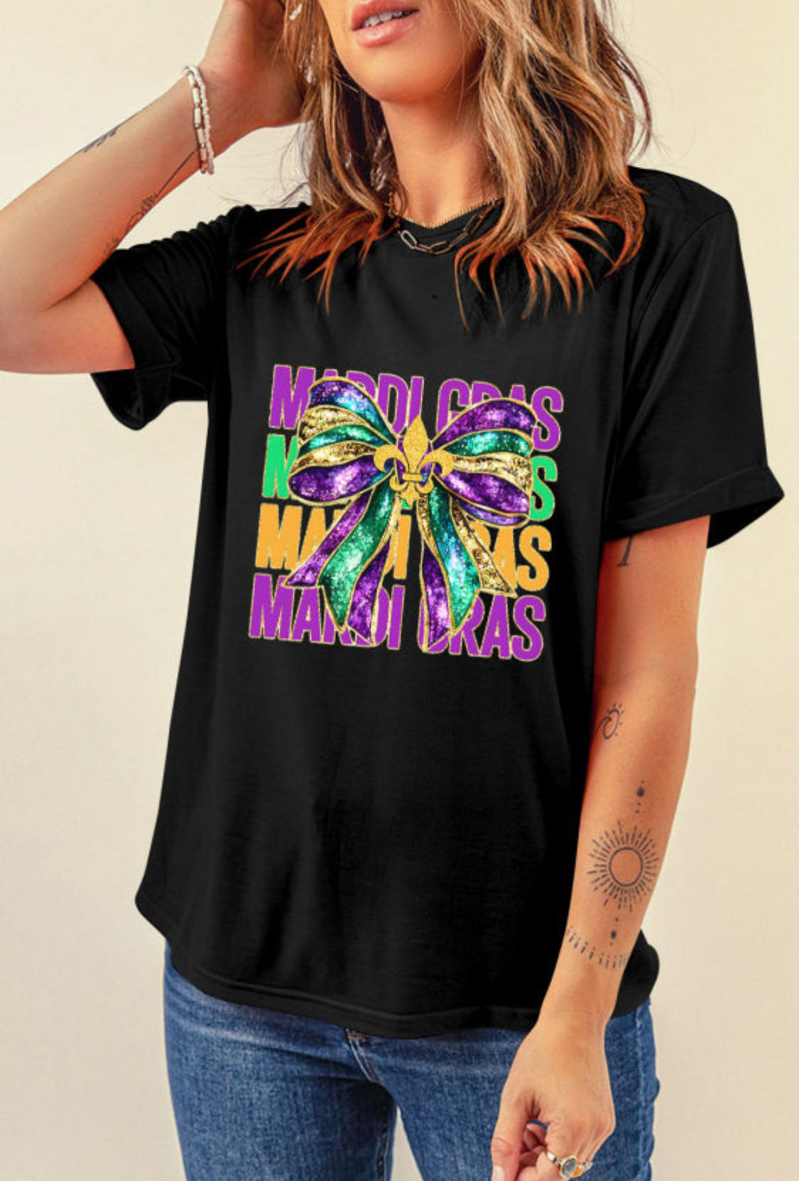 Black Mardi Gras bowknot printed tee