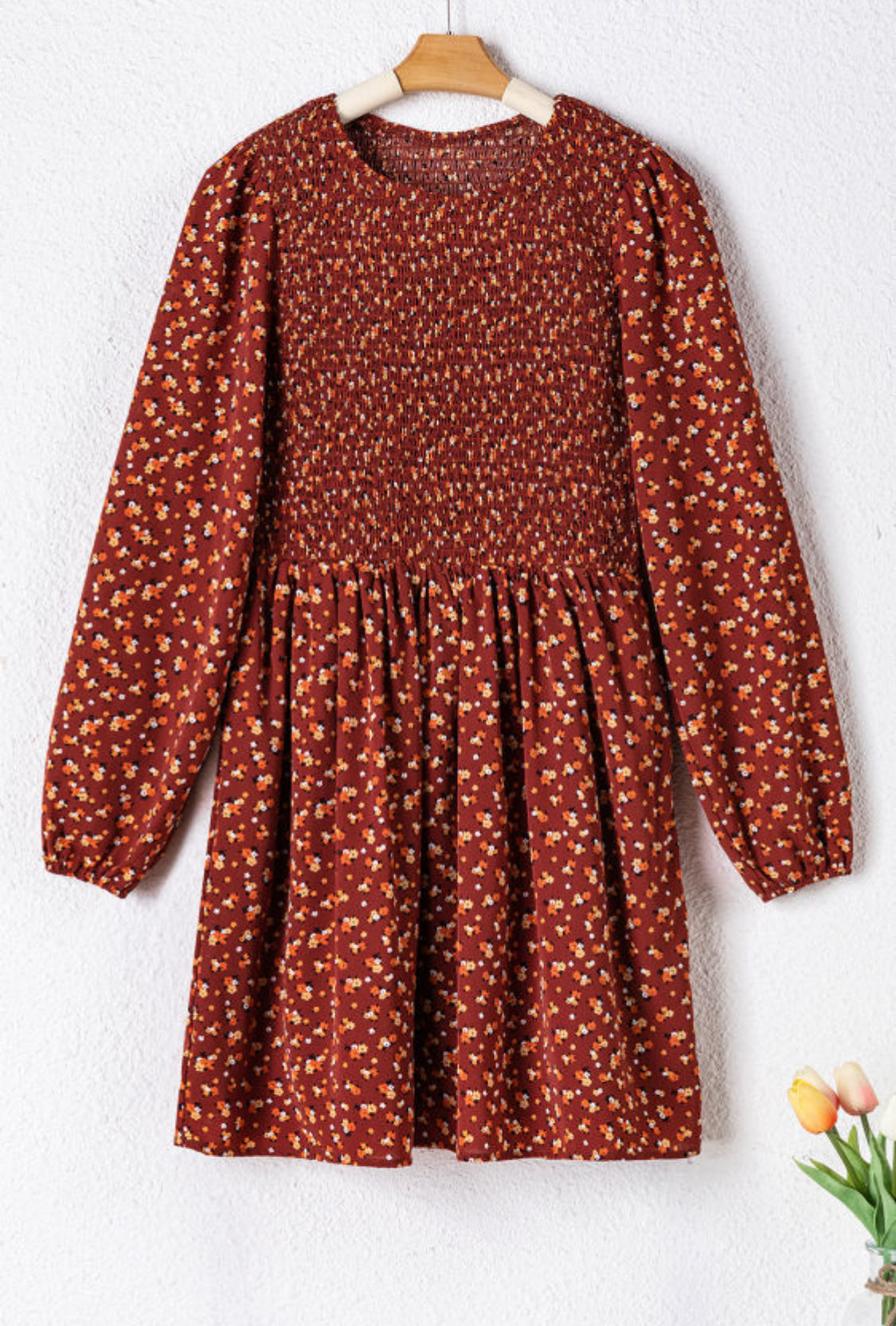 Brown floral smocked dress