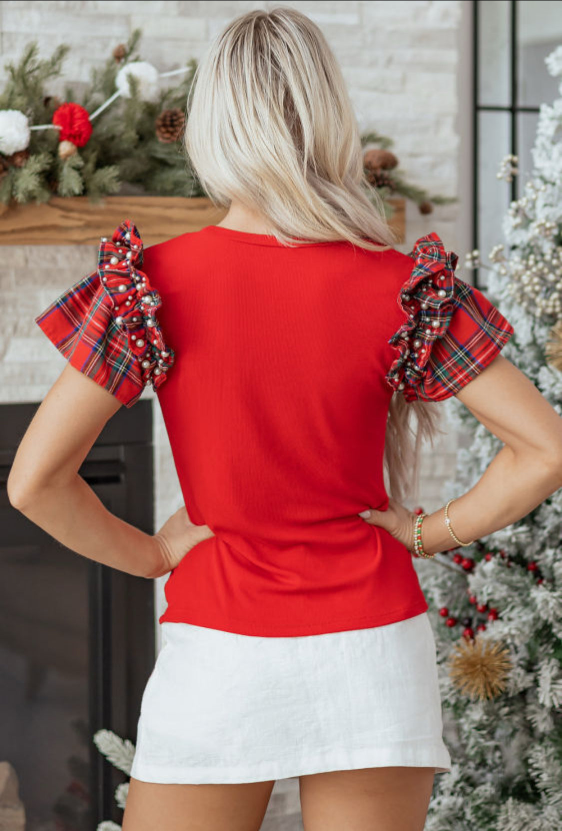 Red plaid pearls ruffle sleeve top