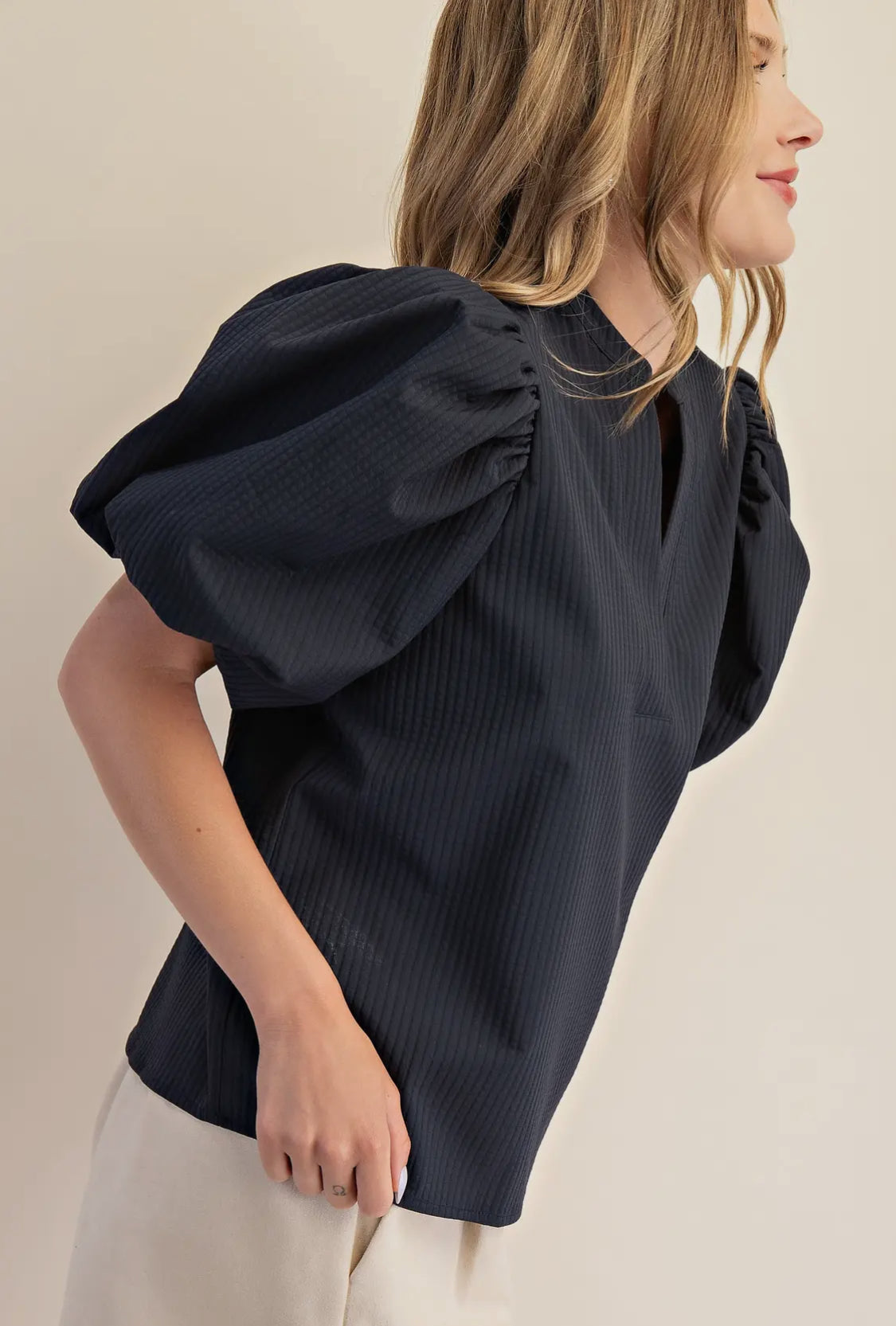 Navy blue puff sleeve top