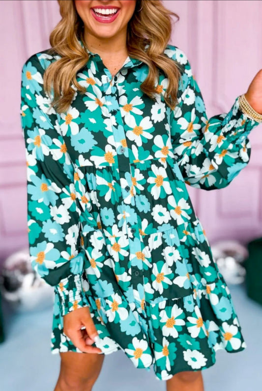 Green floral long sleeve dress