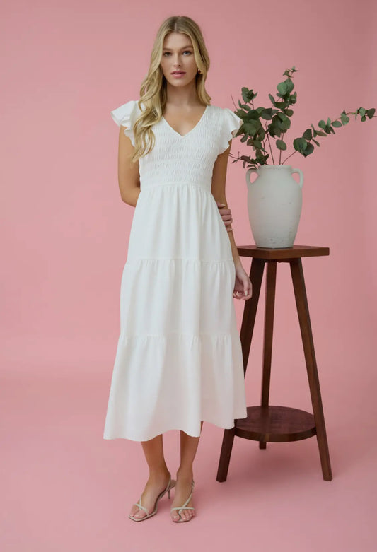 White smocking midi dress