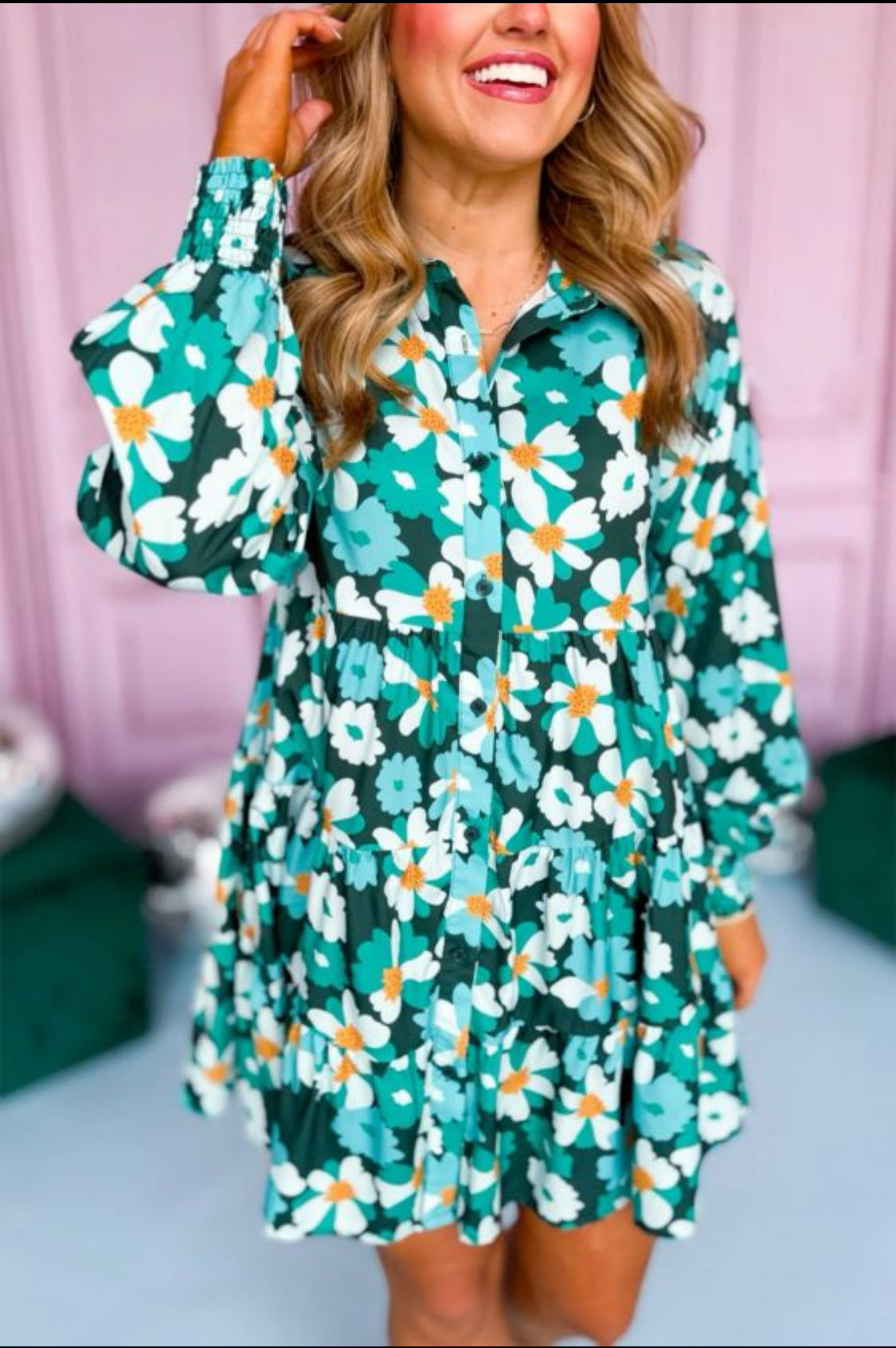 Green floral long sleeve dress