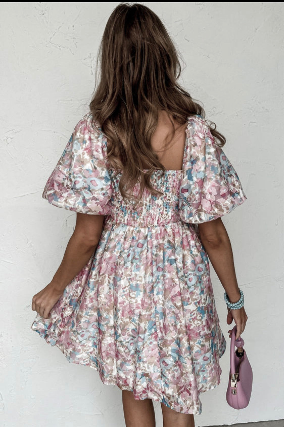 Puff sleeve square  neck ruffled dress