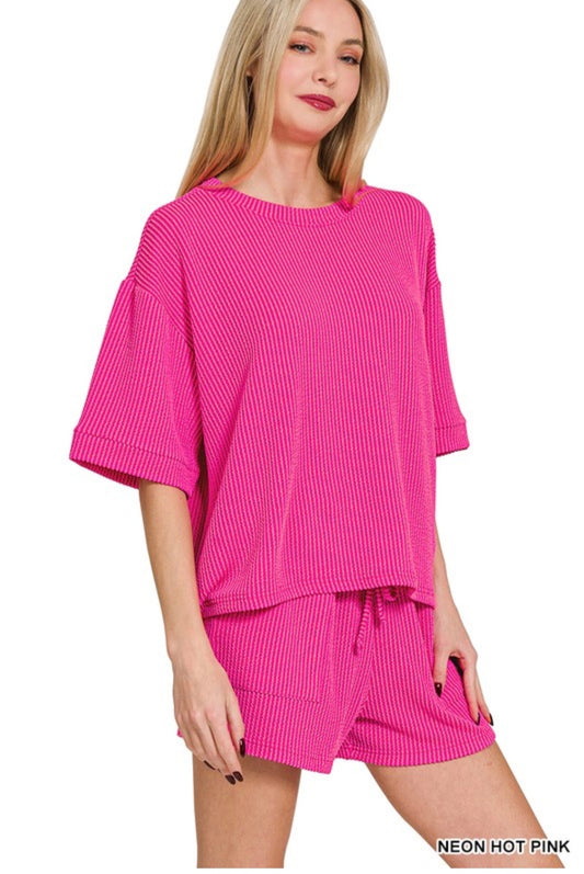 Raised rib short set ( neon hot pink)