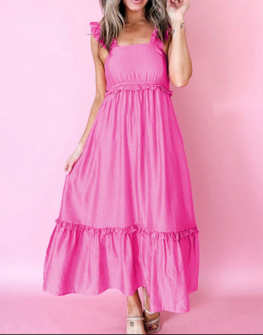 Pink ruffle midi dress