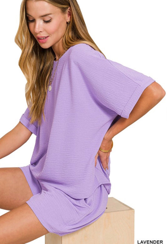 Woven Airflow Top & Shorts Set ( lavender)