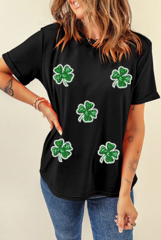 Green sequin four leaf clover St.Patricks tee
