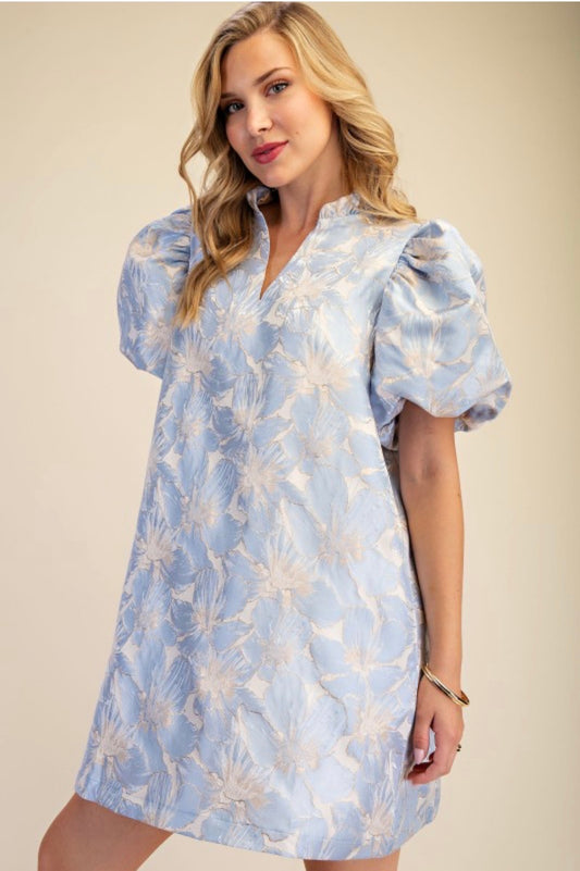 Blue floral puff sleeve mini dress
