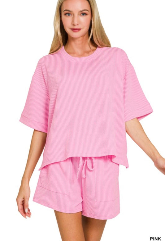 Raised rib short set (pink)