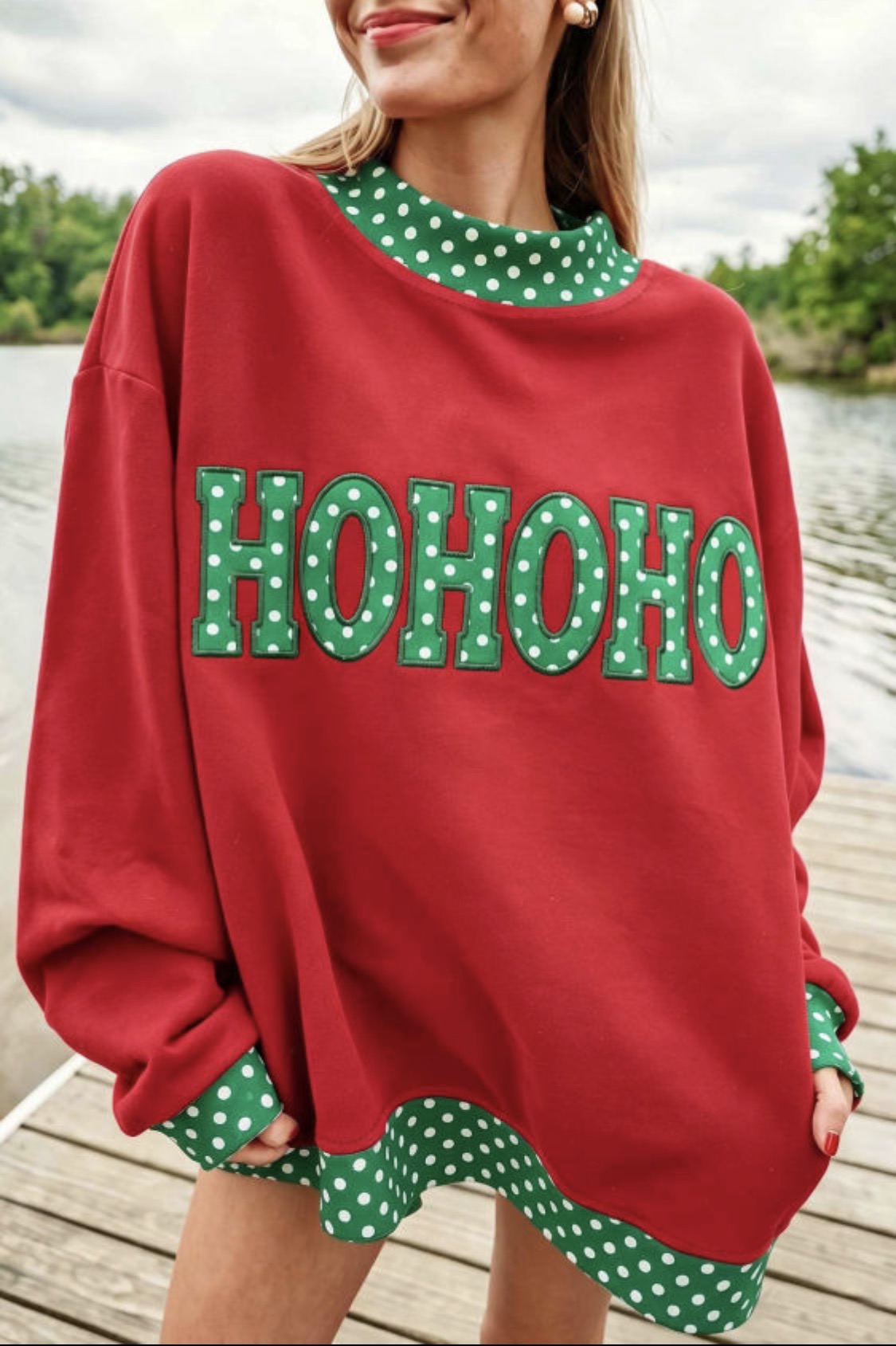 Red polka dot mock neck sweatshirt
