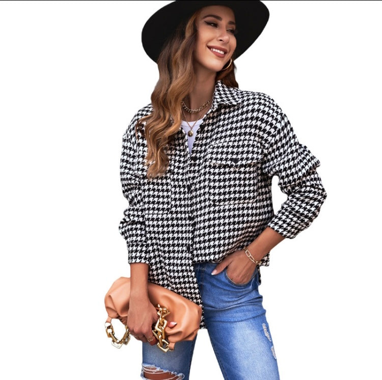 Black and white houndstooth long sleeve button down shirt