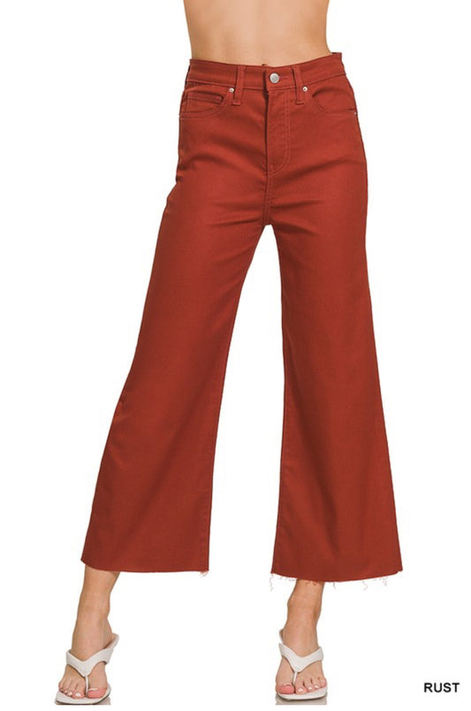 HIGH RISE FLARE CROPPED COLOR DENIM PANTS