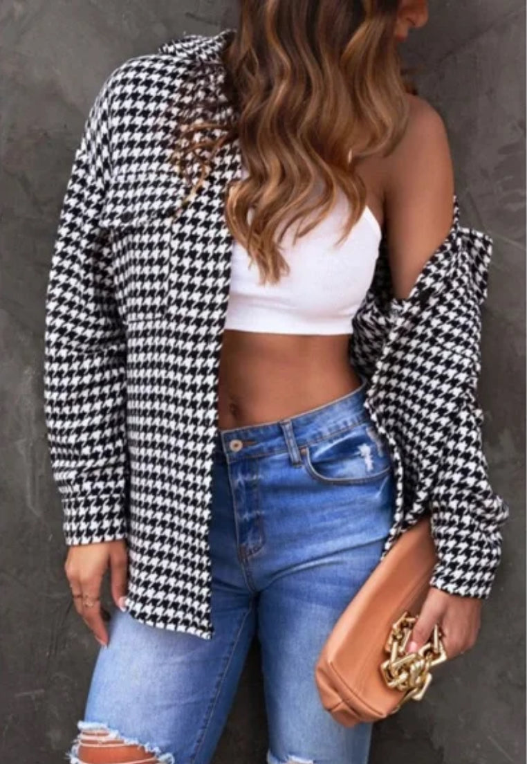 Black and white houndstooth long sleeve button down shirt